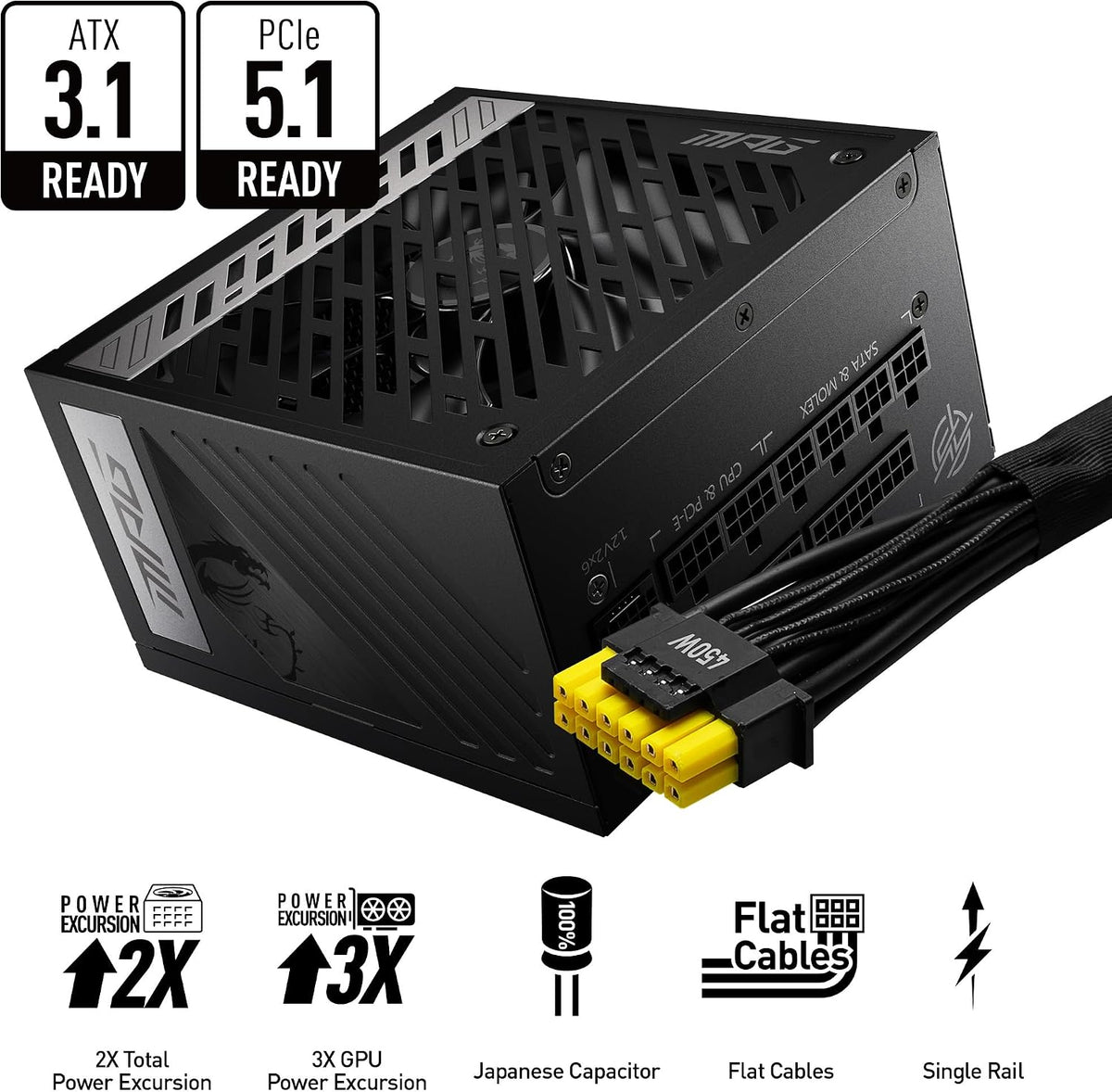 MSI MAG A750GL PCIE5 Power Supply Unit, 750W, 80 Plus Gold, Fully Modular, ATX 3.0, PCIe 5.0 GPU Support, 120mm FDB Fan, Full-Bridge LLC, Flat Black Cables - 7 Year Warranty
