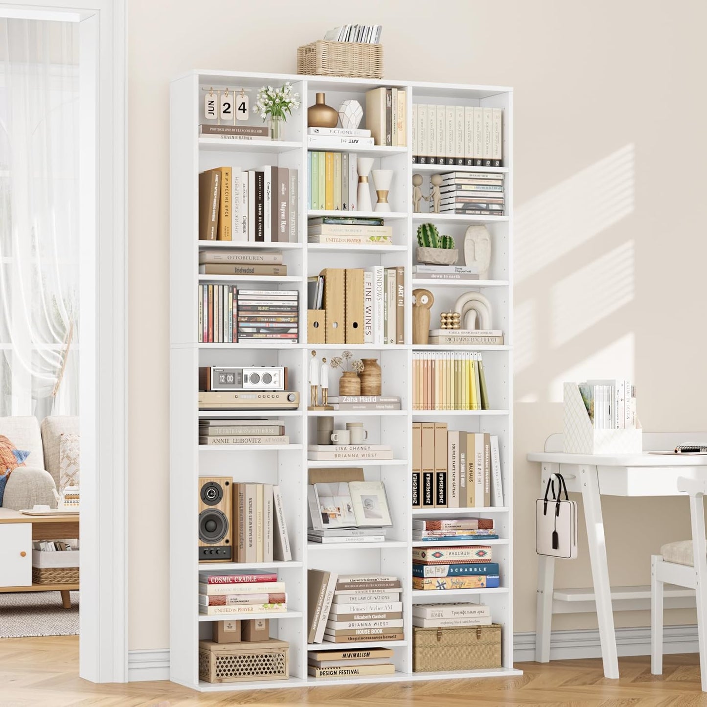 FirFurd Tall Bookcase CD DVD Storage Unit Tower Wooden Display Rack with Adjustble Shelves 27 Storage Compartments White Bookshelf 102.5x23.5x190cm