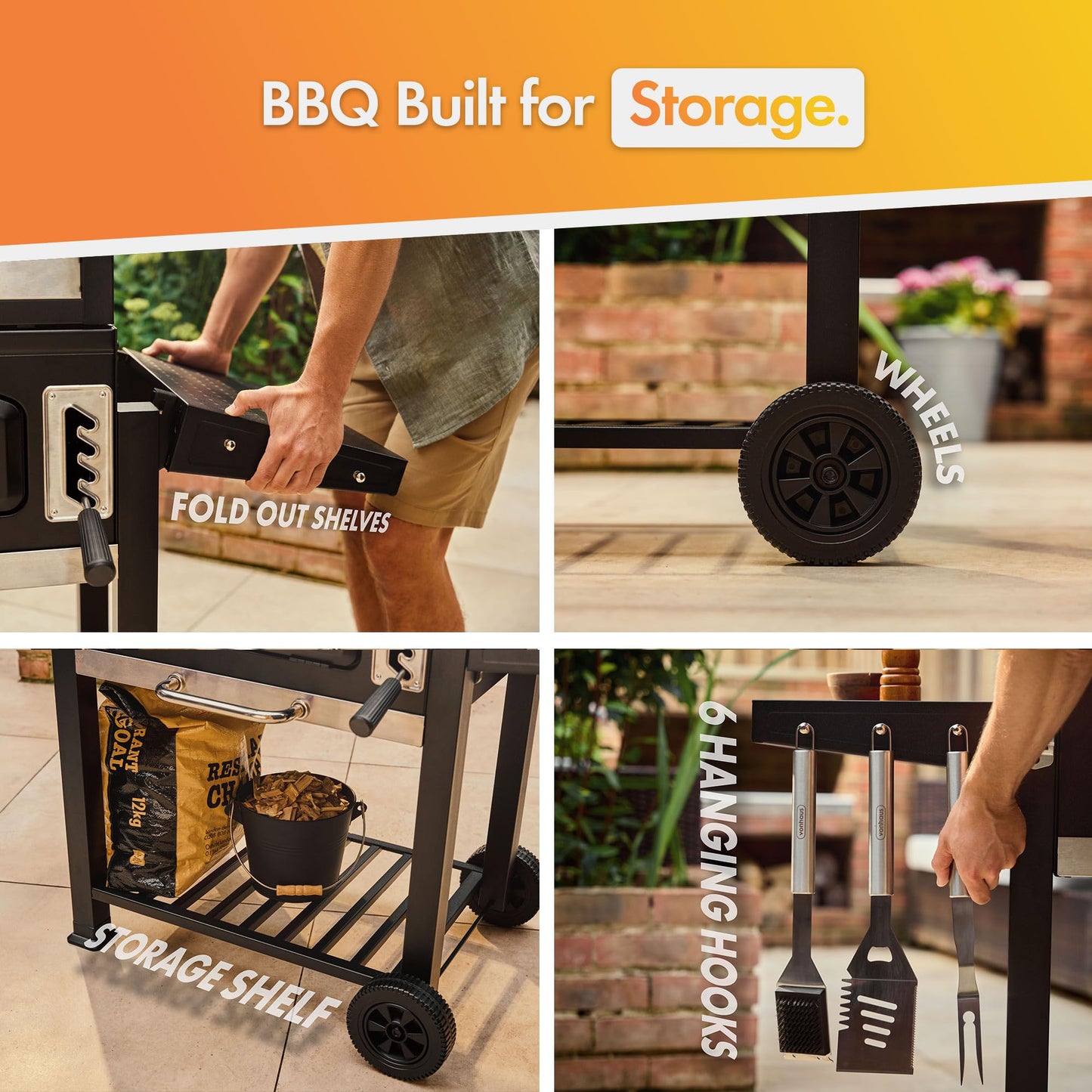 VonHaus Charcoal BBQ – XL Portable Barbecue with Warming Rack, Fold Down Shelves, Temperature Gauge, Wheels, Cooking Grill, Air Vents – 2 in 1 Barbeque and Smoker – Grill Meat, Fish & Vegetables