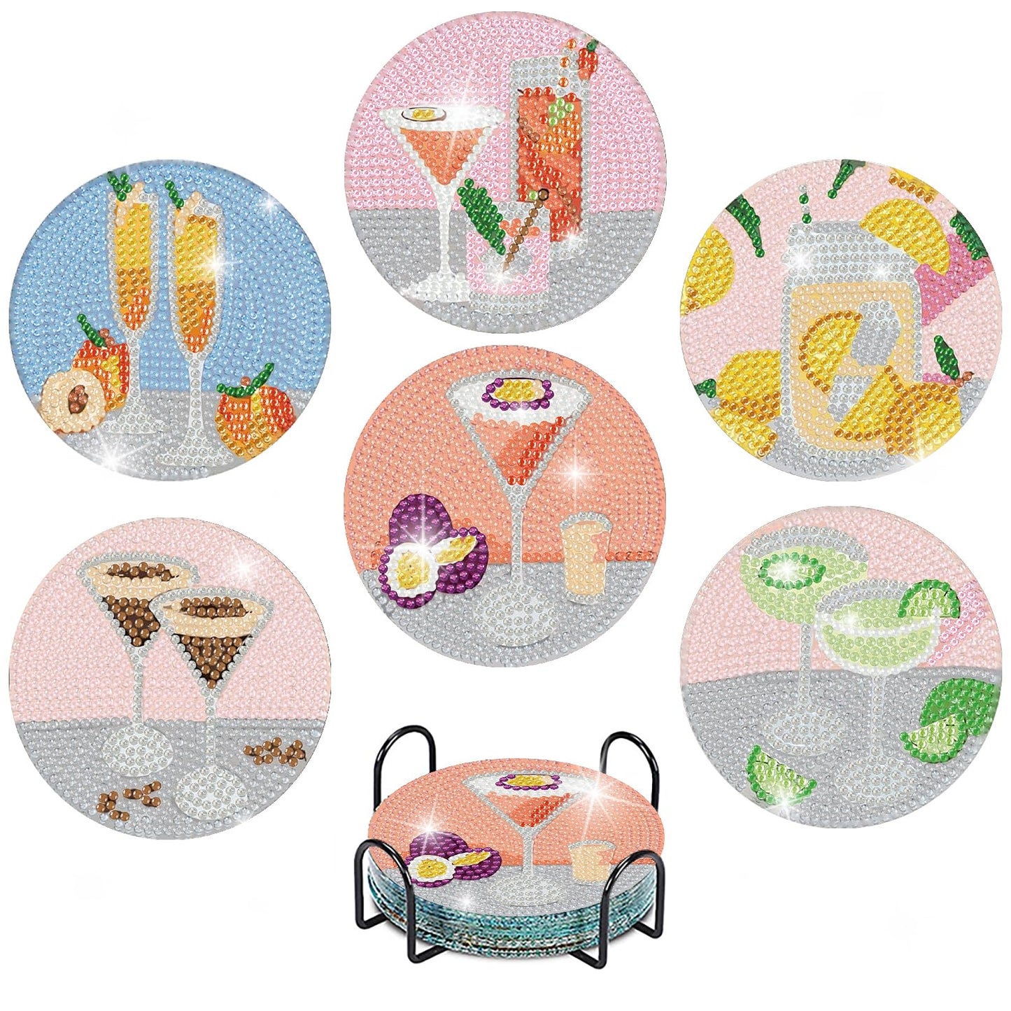 8Pcs Diamond Painting Coasters with Holder,DIY Cocktail Life Coaster Diamond Art Kits for Adults Kids,Beginners Round Full Drill Diamonds Art Craft Supplies