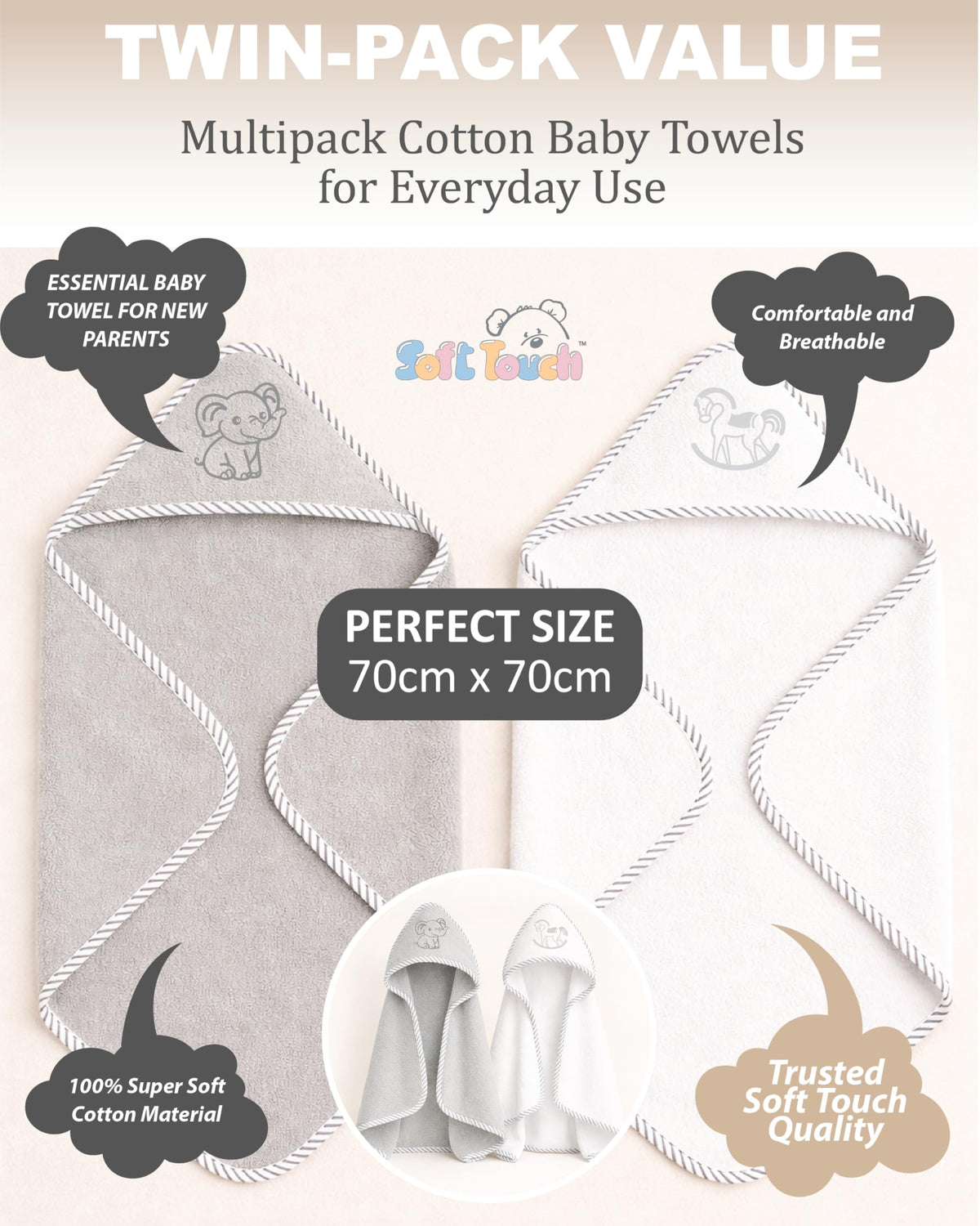 Soft Touch Newborn Essentials 100% Cotton Embroidered Hooded Baby Towel 70 x 70cm for Baby Boys and Girls 0-24 Months (2-Packs)