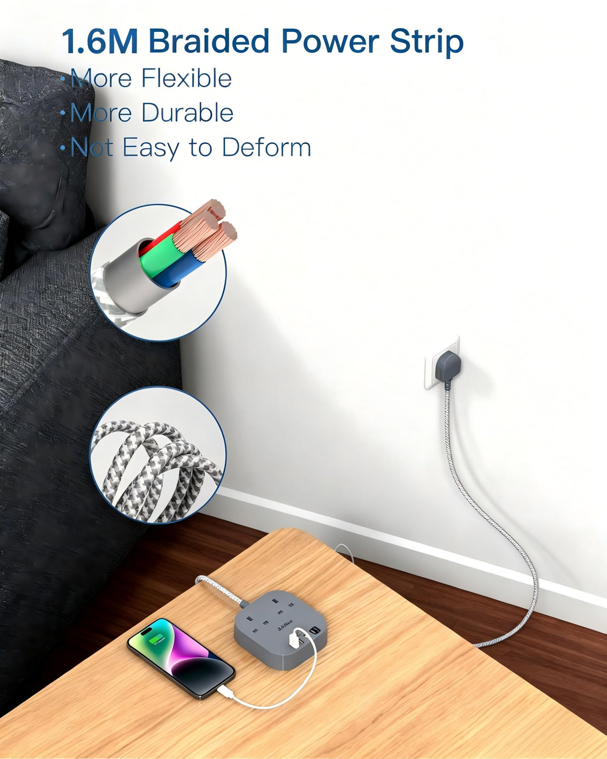 Addtam 3M Extension Lead with USB Slots, Power Strips with 2AC Outlets 4USB
