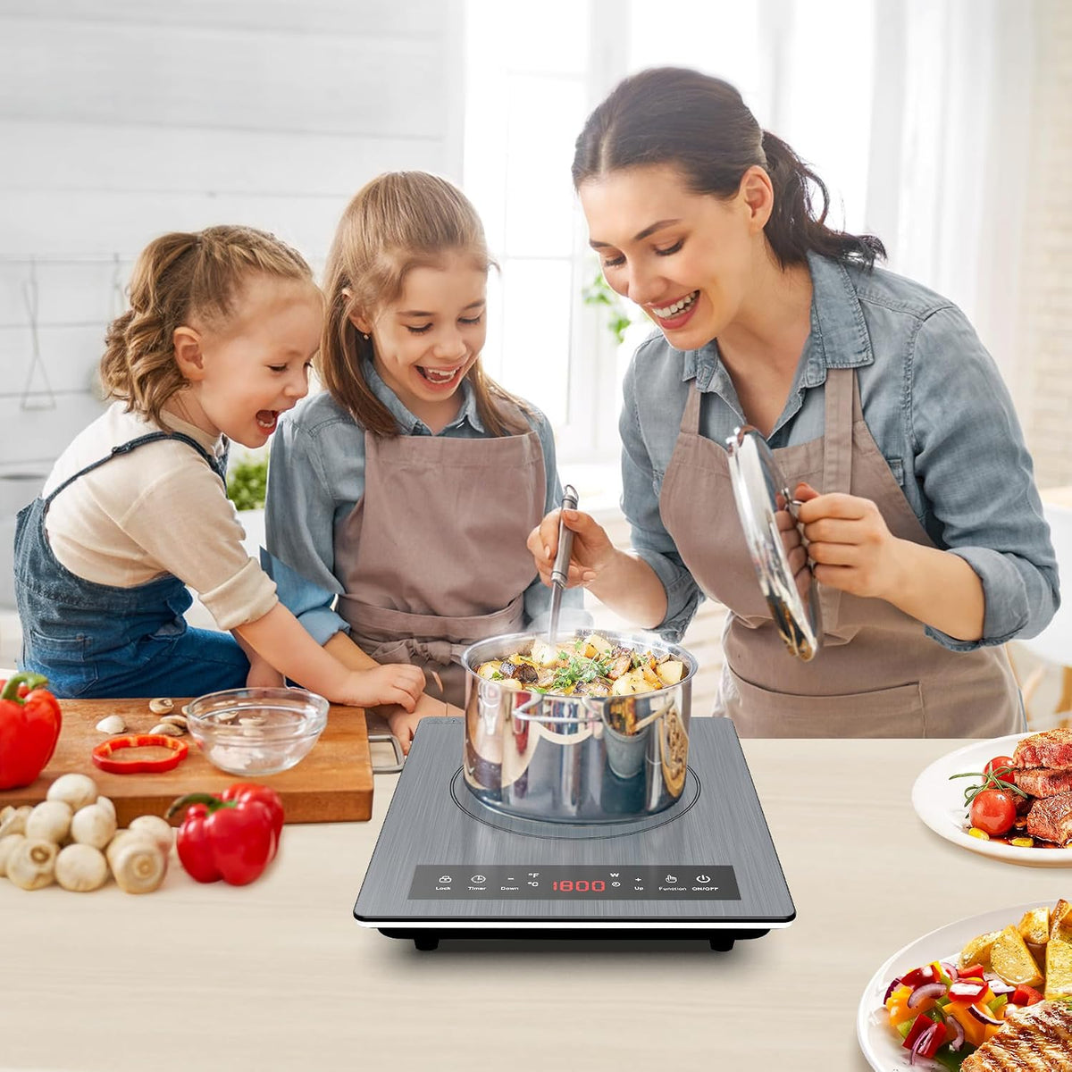 VBGK Double Electric Hob, 220V 3600W Ceramic Hob with Handle, Electric Hot Plate with 9 Power Levels, Child Safety Lock, Timer,Knob and Touch Control, 2 Burner Cooktop