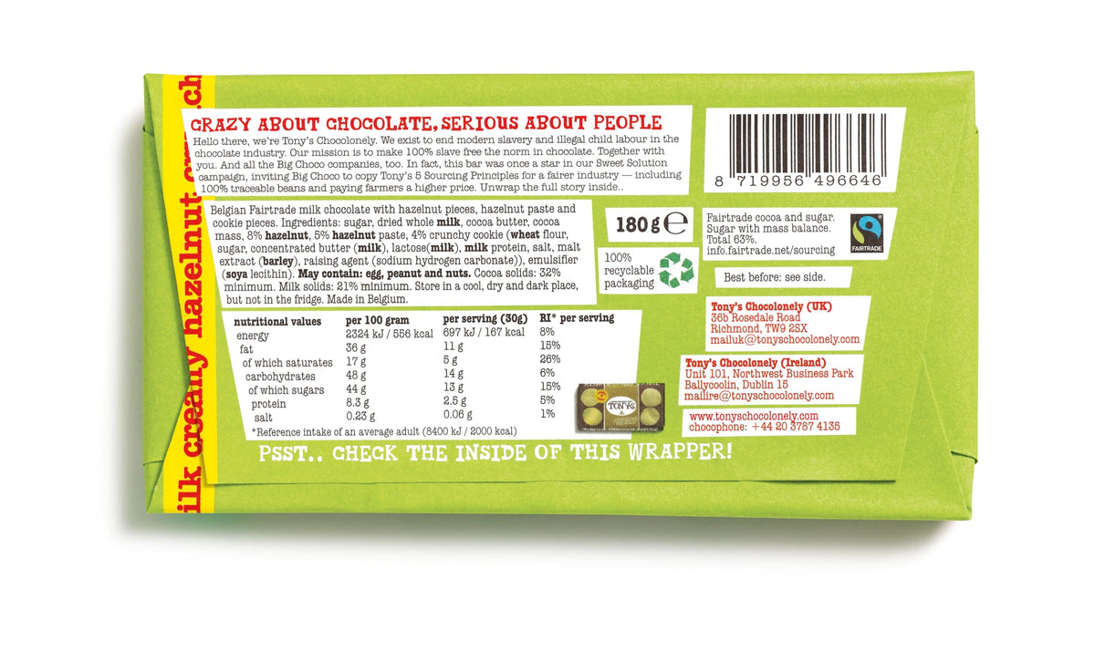 Tony's Chocolonely Milk Chocolate Bar - 180g Belgian Fairtrade Chocolate, Gift, 32% Cocoa, Vegetarian