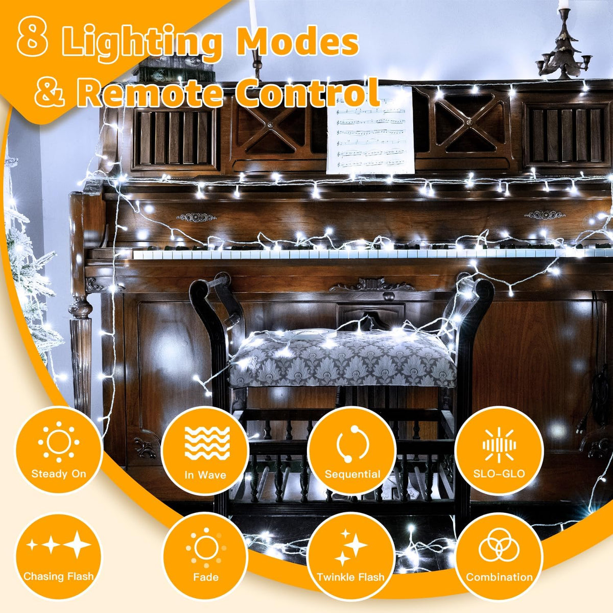 Ollny Fairy Lights Mains Powered 20m 200 LED Outdoor String Plug Remote