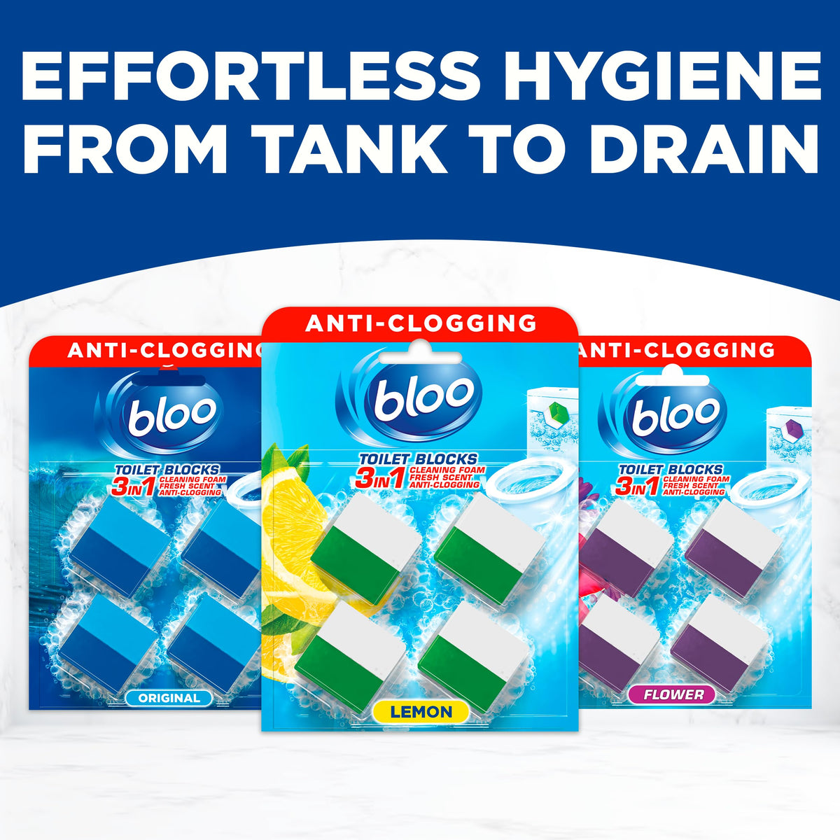 Bloo New 3in1 Toilet Blocks, Pack of 2, Toilet Limescale Remover Cistern Block, Toilet Cleaner Block with Cleaning and Foaming Action, Toilet Fresheners - Limescale Prevention