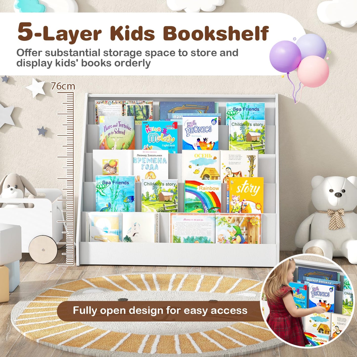 COSTWAY Wooden Kids Bookshelf, 5 Tier Children Bookcase with Deep Compartments, Back Storage Space, Front-Facing Books Display Rack for Playroom, Daycare, Kid’ Room (Rustic Brown)
