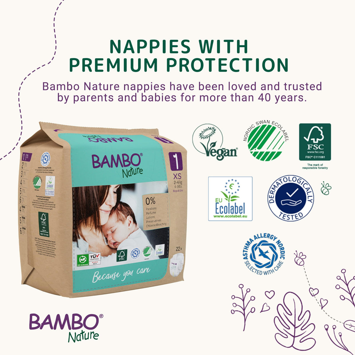 Bambo Nature Premium Eco Nappies, Premature Size 0 (2-7lb/1-3kg), XXS, Pack of 24, Eco-Labelled Nappies, Enhanced Leakage Protection, Secure and Comfortable Baby Nappy