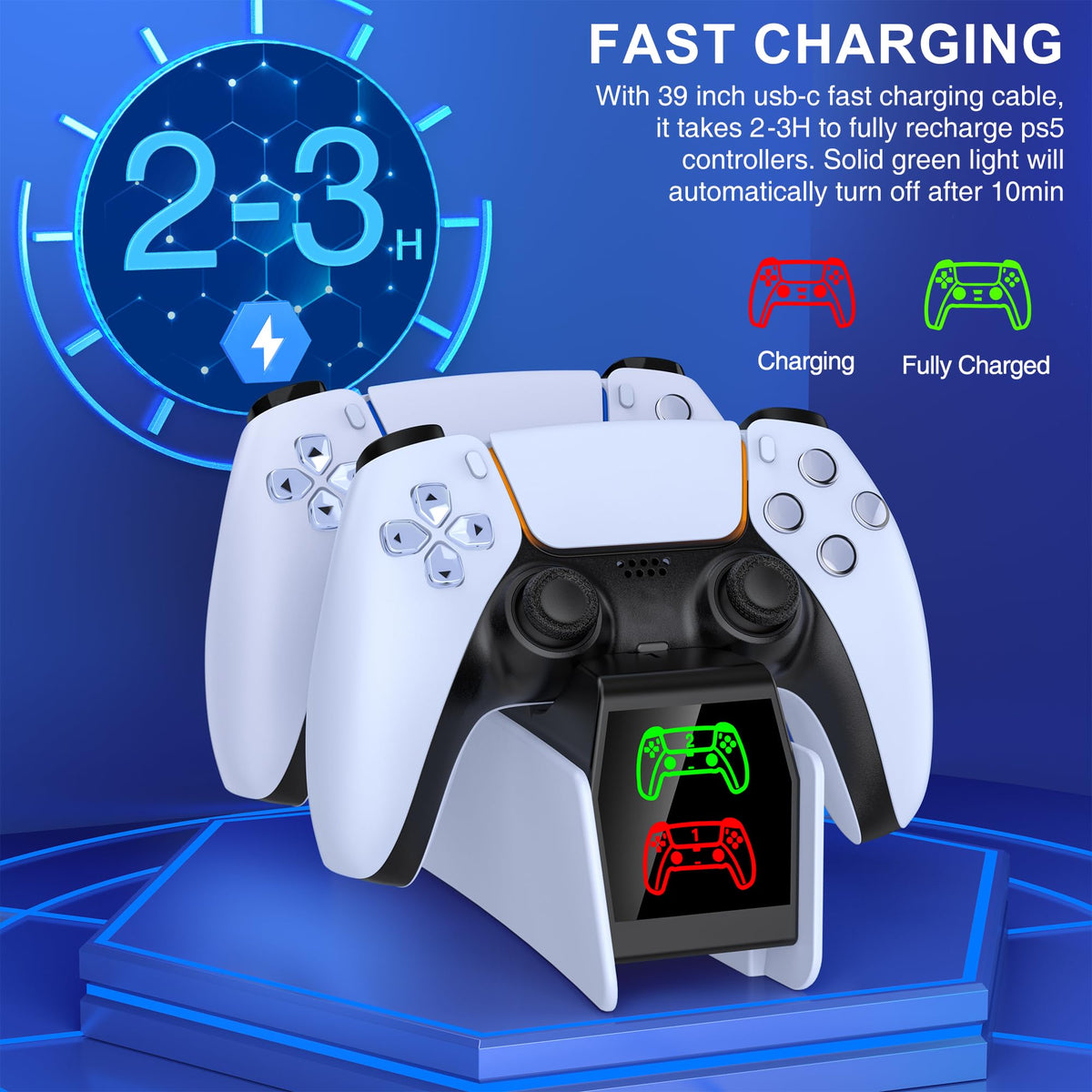 HELLCOOL PS5 Charging Charger for DualSense & Edge, Fast Charge 2 Controllers Simultaneously, Drop&Go No Alignment, LED Indicator with Touch Off, Smart Safety Protection, with 1m USB-C Cable