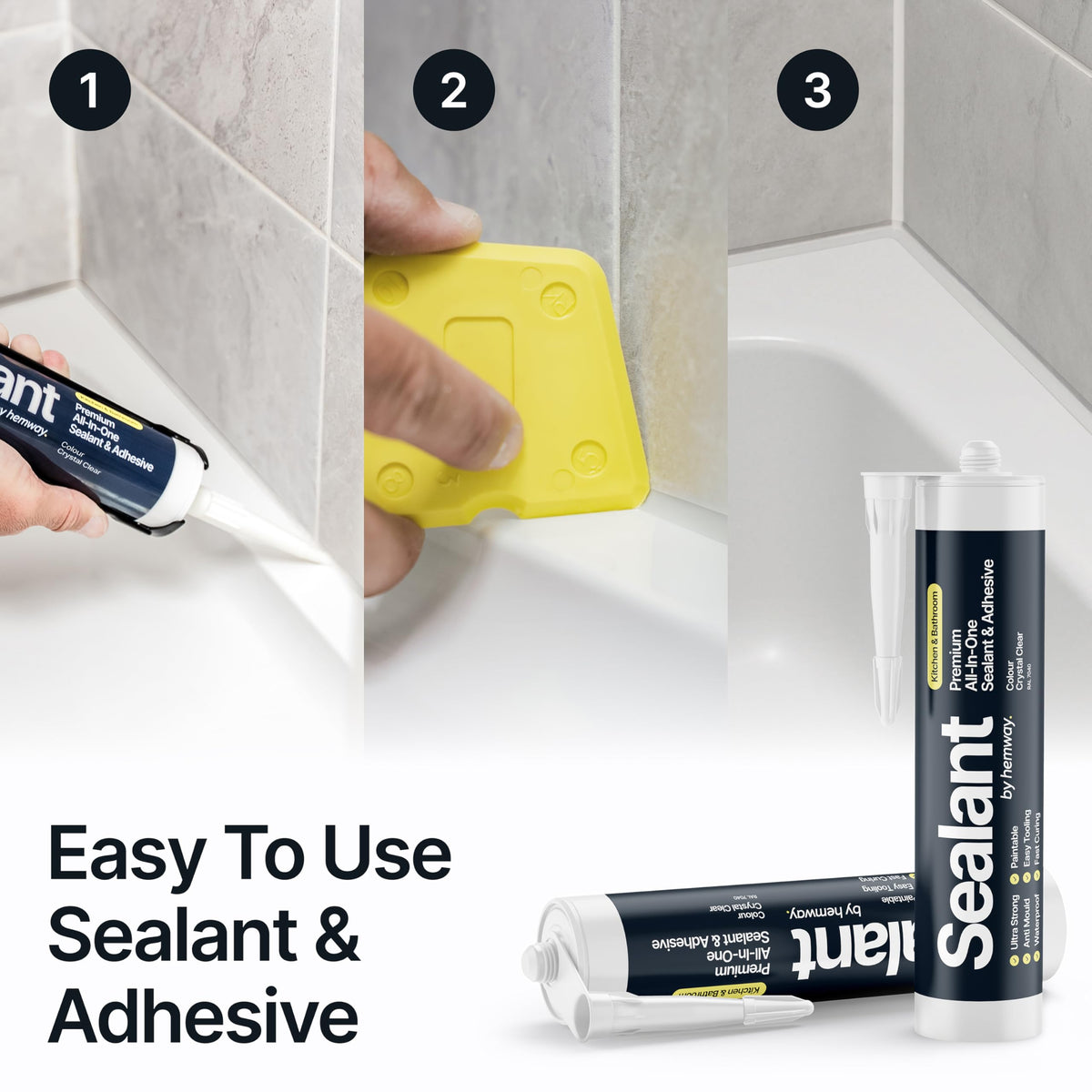 Hemway Kitchen & Bathroom Crystal Clear Sealant & Adhesive 300ml 3 Pack