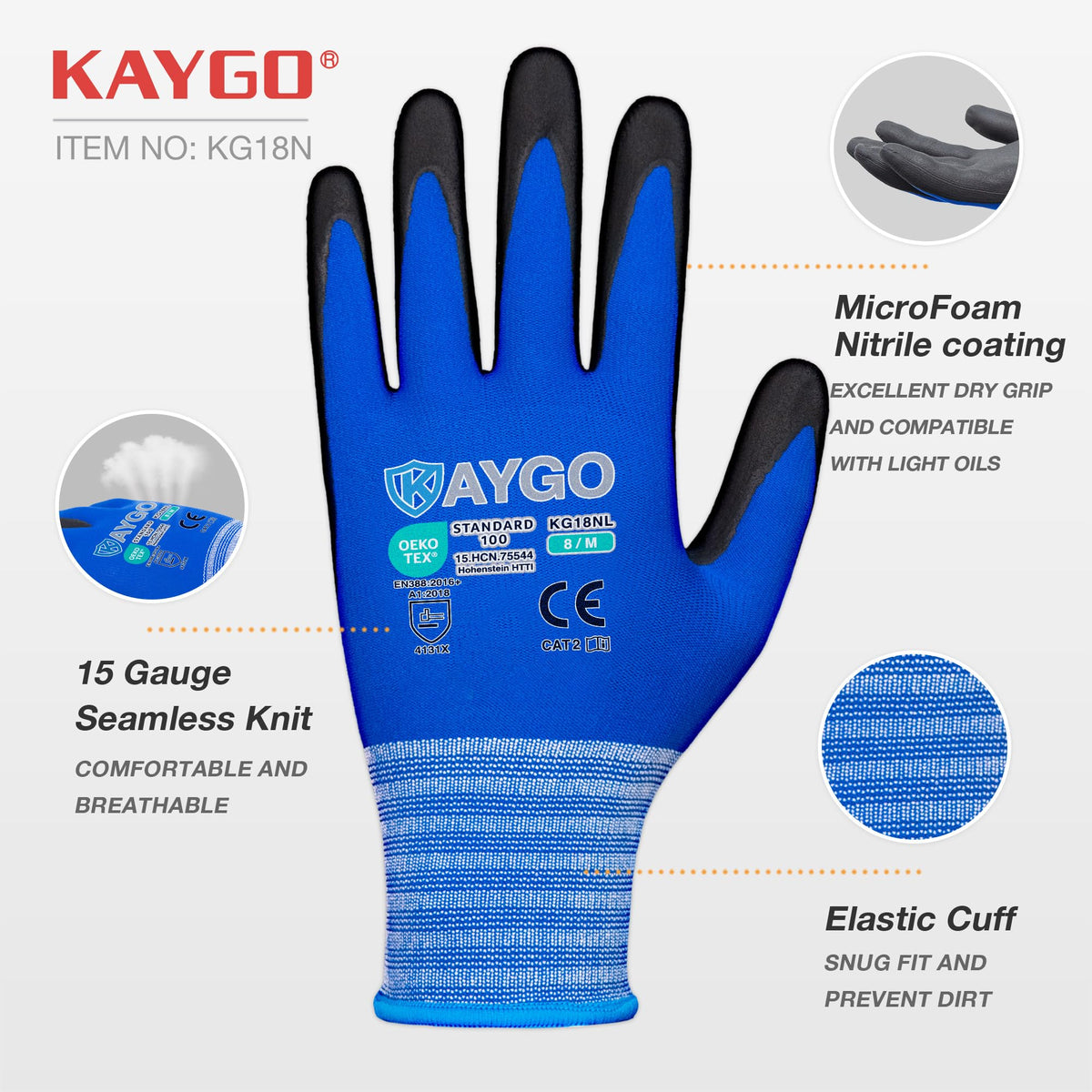 KAYGO Safety Work Gloves MicroFoam Nitrile Coated 12 Pairs, KG18NB