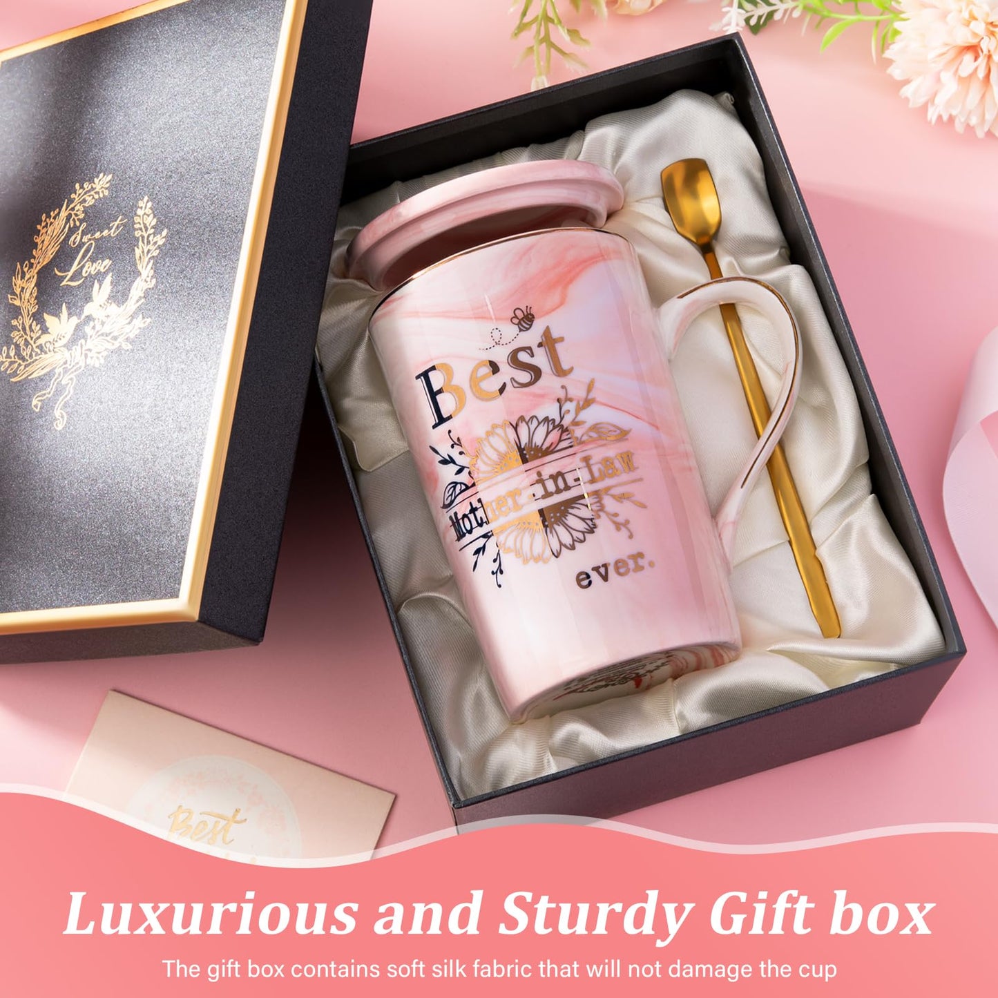 Unique Teacher Appreciation Gifts for Women - Best Teacher Gifts for Teachers, 14oz Pink Marble Ceramic Coffee Mug Printed with Gold, Retirement Birthday Graduation Ideas, End of The Year, Gift Boxed