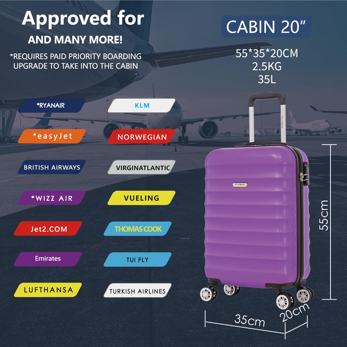 FLYMAX 55x40x20 Ryanair Cabin Bag Hand Luggage Lightweight Suitcase Approved Carry on Luggage Case 2.5KG 40L Royal