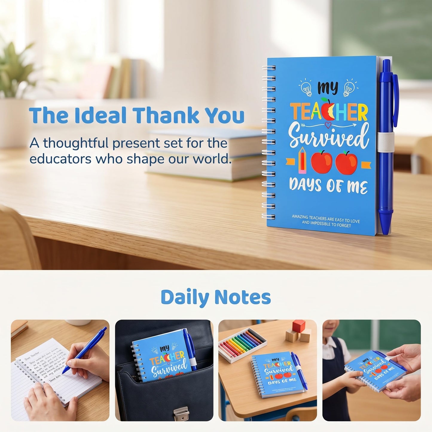 Charfia Teacher Gifts for Women Men, 6 Set Teacher Notebook Thank You Teacher Gifts for Teachers with Pen, Nursery Teacher Christmas Appreciation Gifts Presents (A)