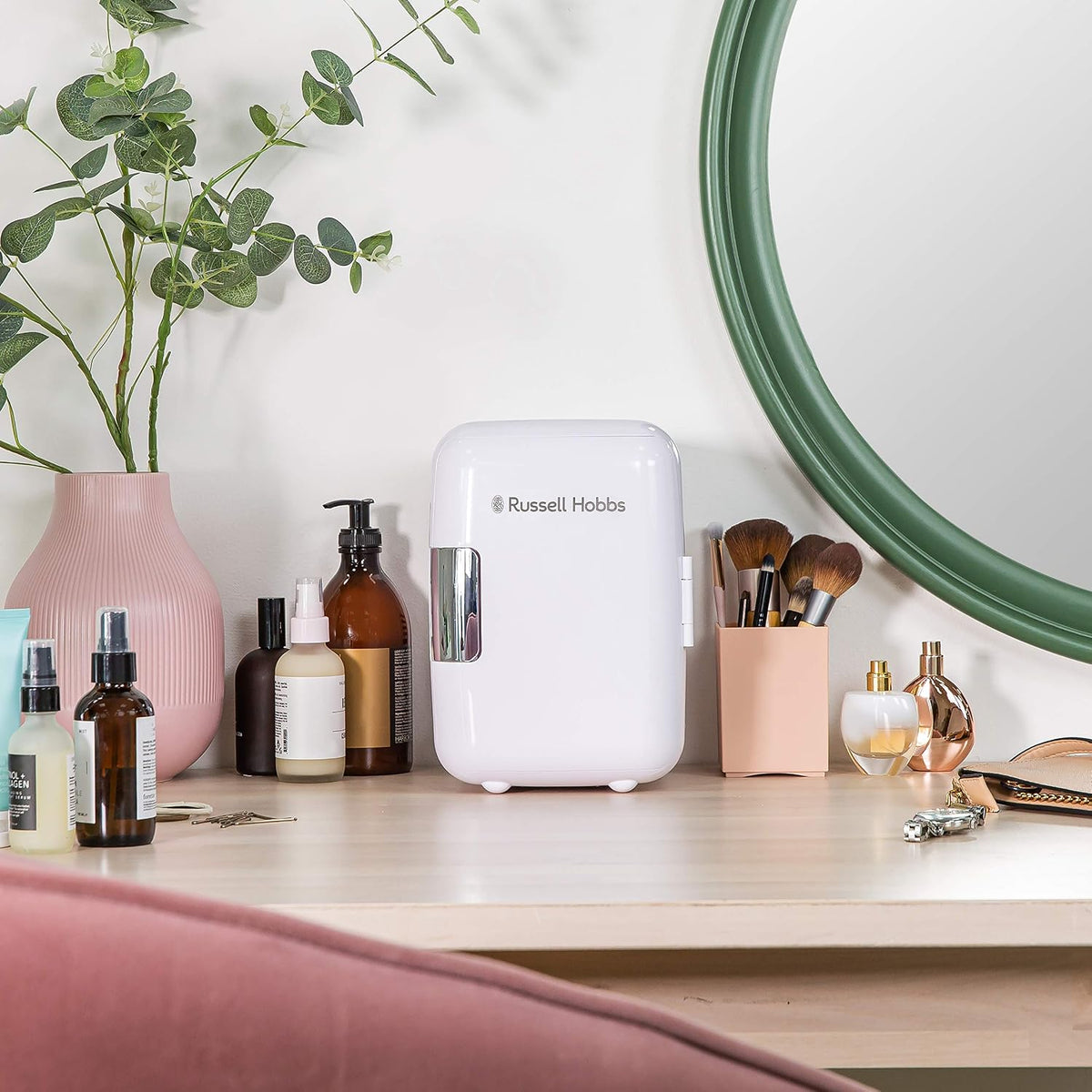 Russell Hobbs RH4CLR1001 4L/6 Can Portable Mini Cooler & Warmer for Drinks, Cosmetics/Makeup/Skincare, AC/DC Power, Retro Style, White, For Bedroom, Home, Caravan, Car
