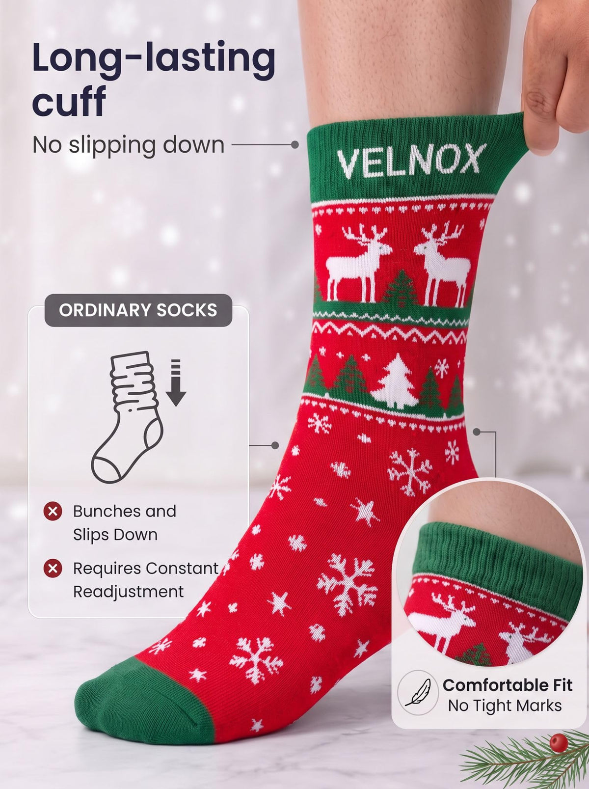 Christmas Socks for Men & Women, 6 Pairs, Festive Reindeer Cotton Crew