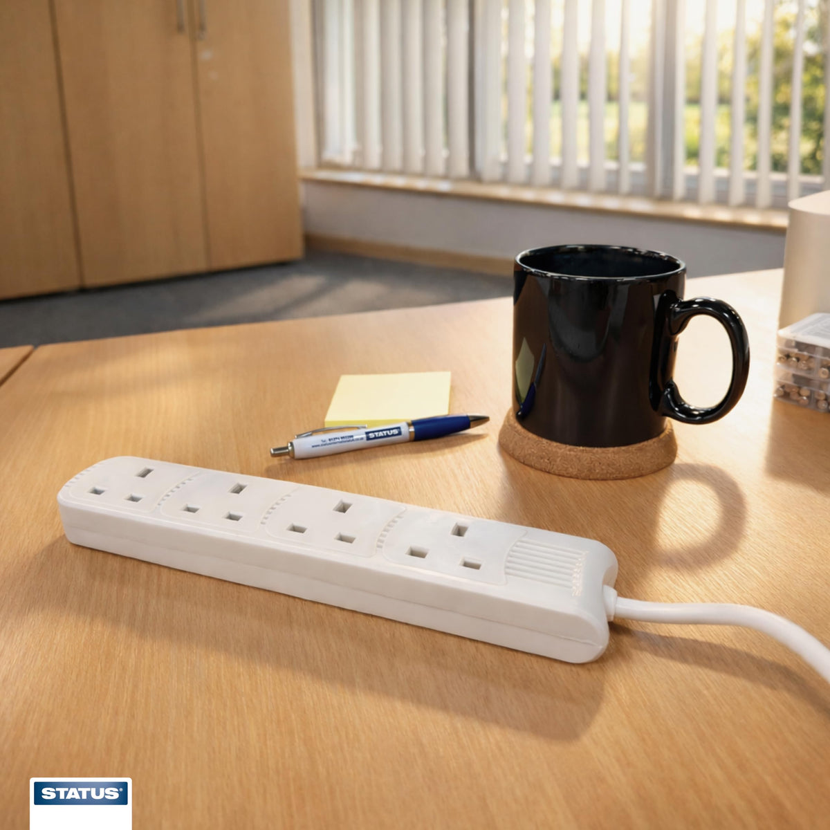 STATUS 4 Way Socket Extension Lead, 4m Cable with Neon Power Indicator, 13A Multi-Plug Strip for Home or Office, Wall Mountable, White (S4W4MS6)