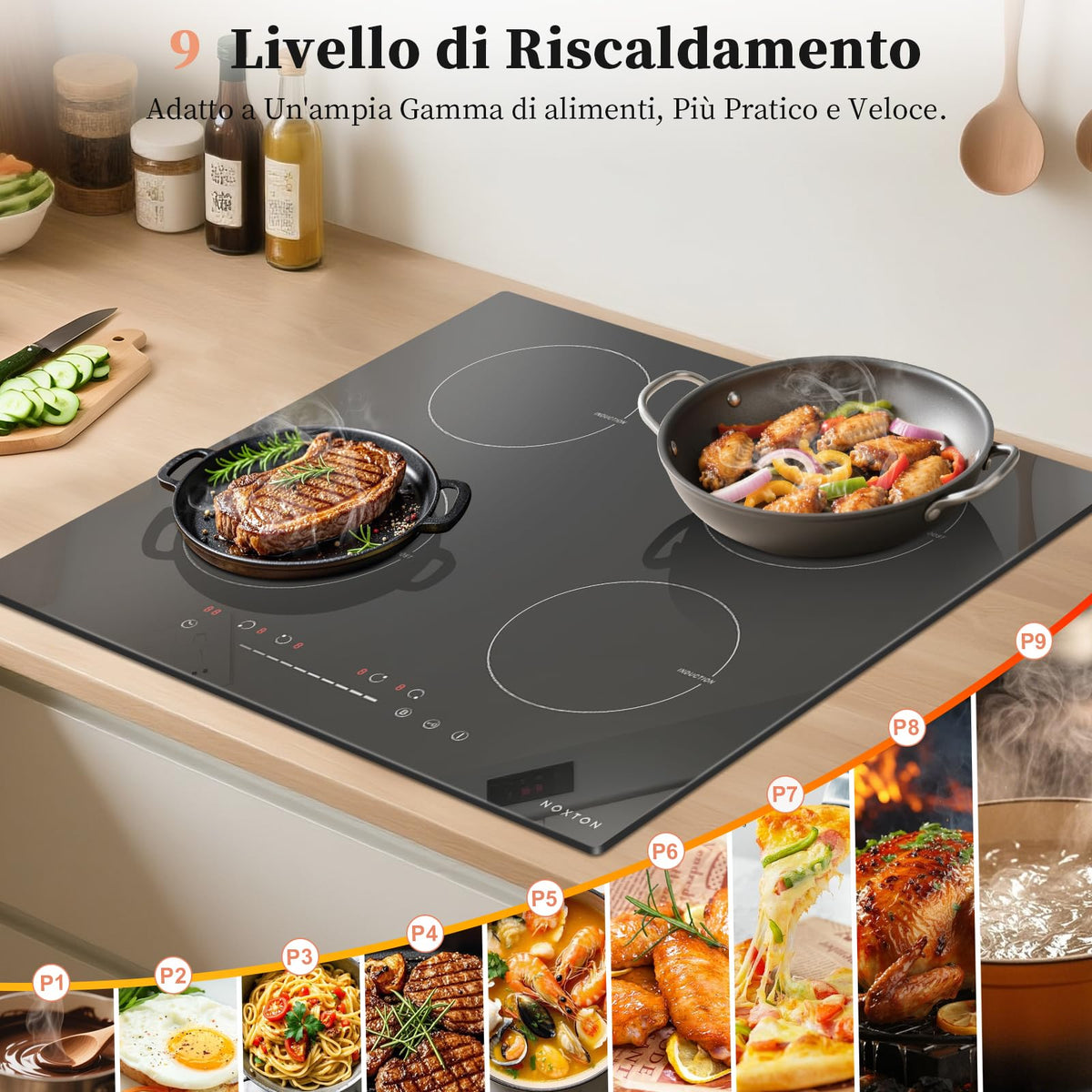 Noxton Plug in Induction Hob, 4 Zones Electric Hob 60cm, Touch Control with Child Safety Lock,UP to 99 Min Timer Black Crystal Glass