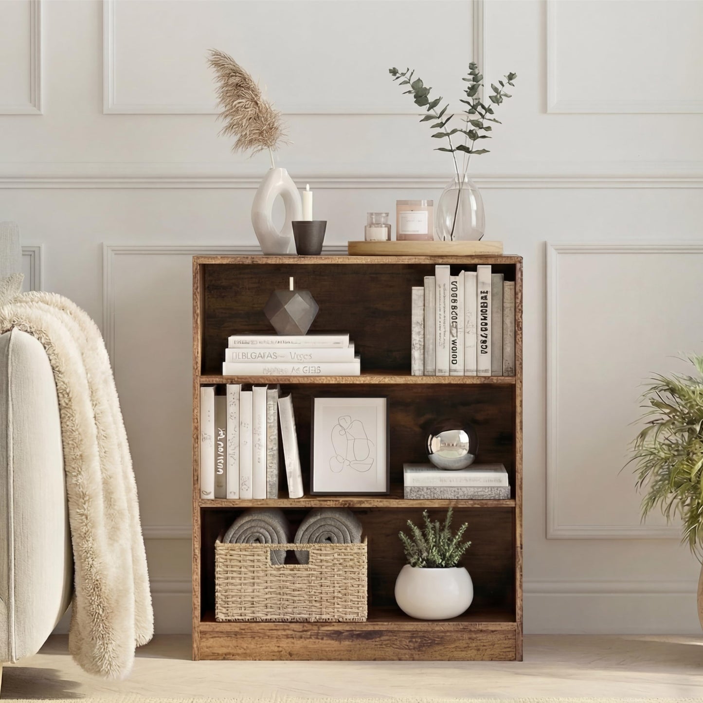 Vida Designs Cambridge 3 Tier Low Bookcase, White Wooden Shelving Display Storage Unit Office Living Room Furniture