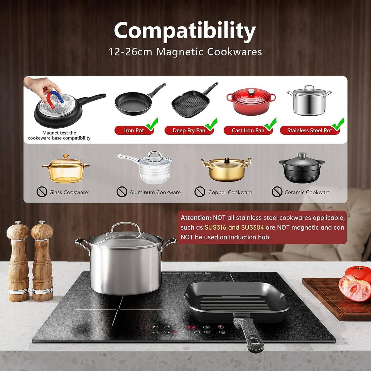 Induction Hob 4 Zones, Built-in Induction Hob 60 cm with Booster, 4 Burner Cooker, Touch Control, 9 Power Levels, 1-99 Min Timer, Child Lock, Heat Indicator, No Plug
