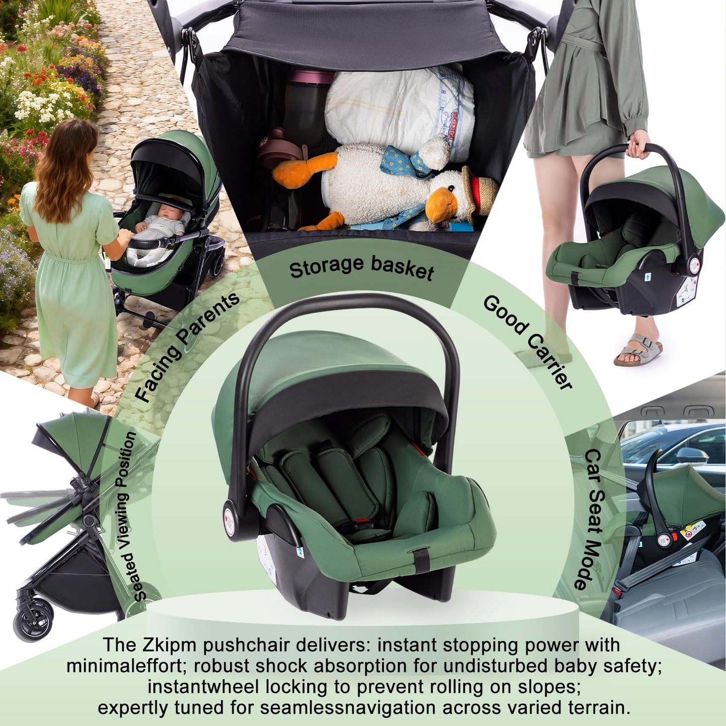 Zkipm Baby Pram 3 in 1, Foldable Baby Stroller,Pram Set Travel with Adjustable-Height Push Handle, Present Rain Cover, Mosquito Net, Bag, Cooling Mat, ect for Ages 0–3