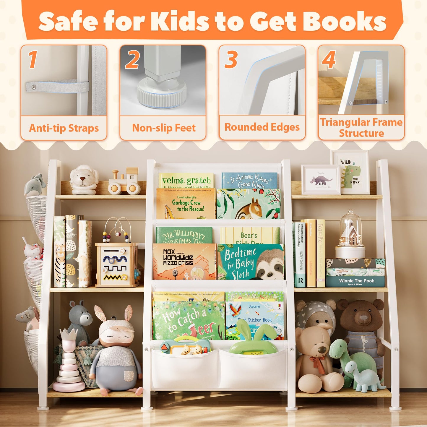 GoTiling Kids Bookshelf and Toy Storage Organizer: 3-Tier Sling Book Shelf with 3 Side Pockets for Kids Room - Toy Storage Organizer with 2 Fabric Drawers for Nursery, Bedroom, Playroom
