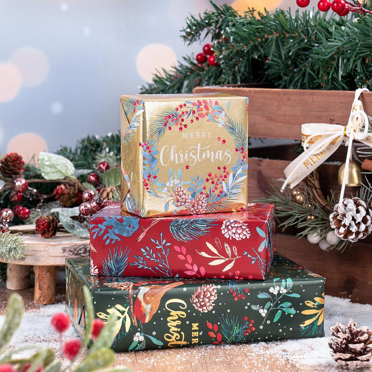 RUSPEPA Christmas Wrapping Paper Roll - Mini Roll - 3 Rolls - 43.2cm x 3m Per Roll - Bird, Christmas Garland, Holly and Pinecones Holiday Design with Metallic Foil Shine