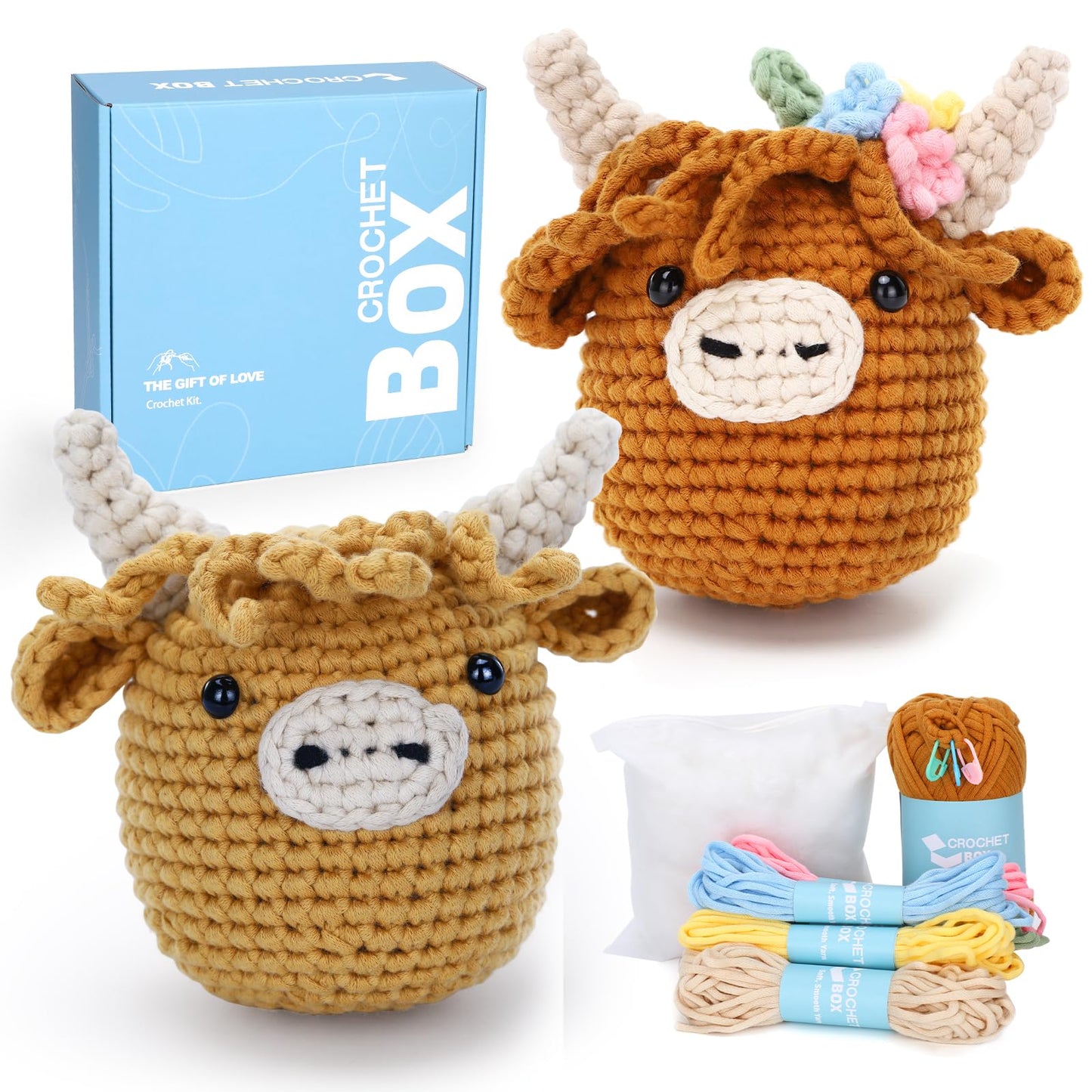 CROCHET BOX Complete Crochet Kit for Beginners - Highland Cow Crochet Kit, Include Video Tutorial, Instruction, Soft Yarn, Birthday Gift for Adults.
