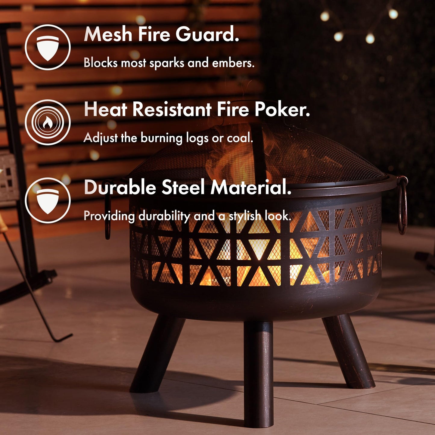 VonHaus Fire Pit – Firepit for Outdoor, Garden, Patio – Portable, Lightweight with Geometric Design, Brown Bronzed Steel, Fire Poker & Mesh Guard Included, Carry Handles – Use Wood or Charcoal to Fuel