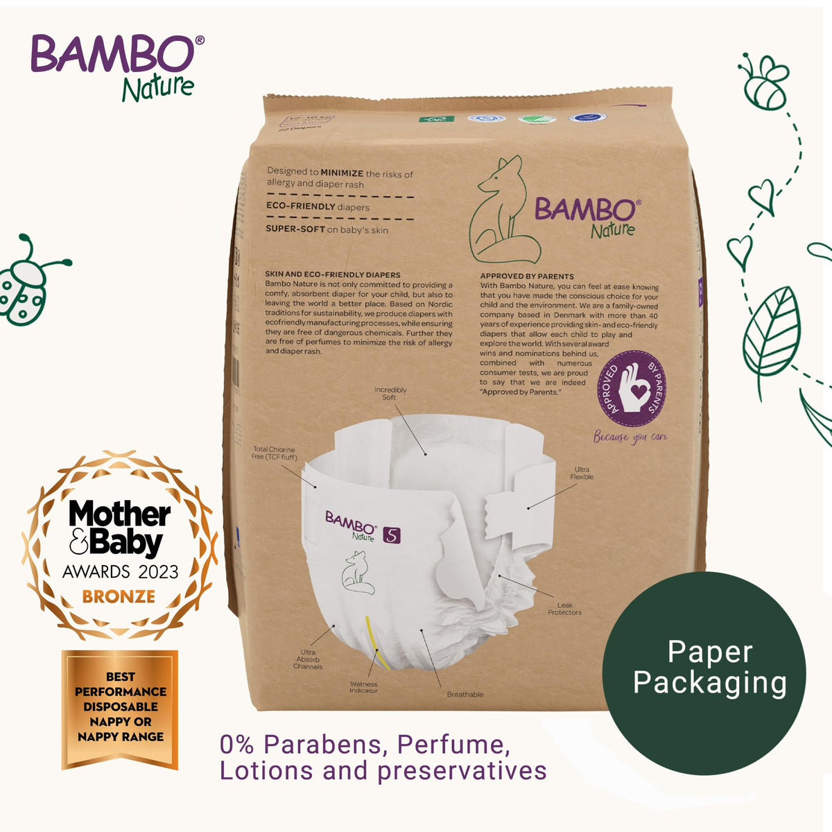 Bambo Nature Premium Eco Nappies, Premature Size 0 (2-7lb/1-3kg), XXS, Pack of 24, Eco-Labelled Nappies, Enhanced Leakage Protection, Secure and Comfortable Baby Nappy
