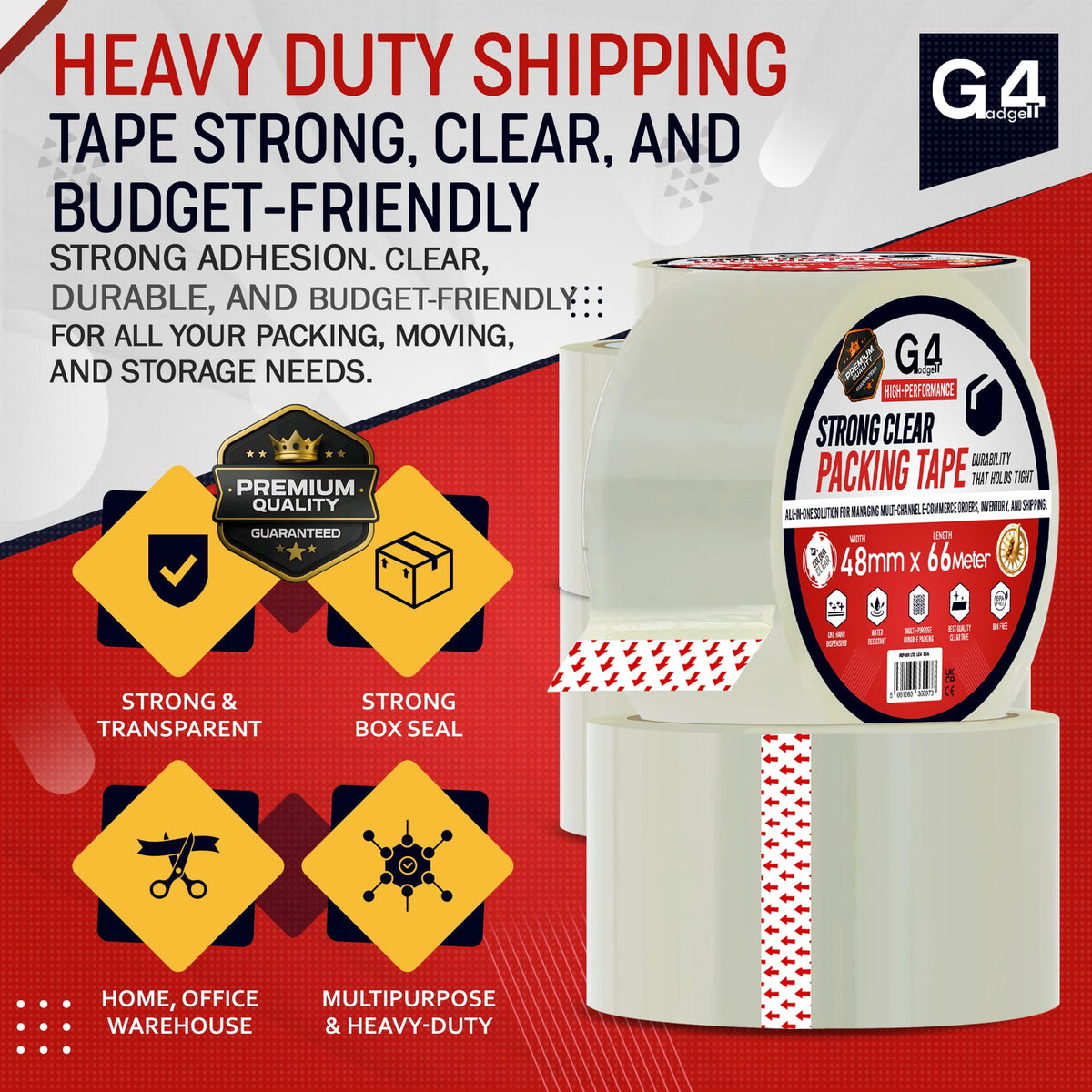 G4GADGET Pack of 3 Clear Packing Tape - Heavy Duty Transparent Tape 48mm x 66m - Ideal for Moving, Packing Boxes, and Secure Packaging