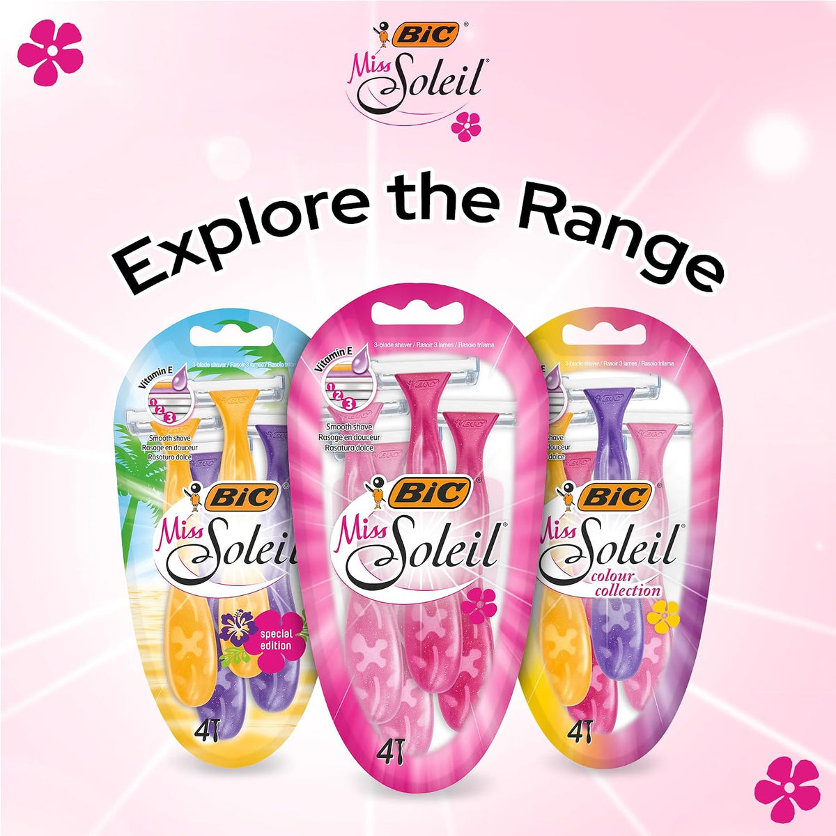BIC Miss Soleil Disposable Razors for Women, 3 Blade, Pink Handle, Pack 4