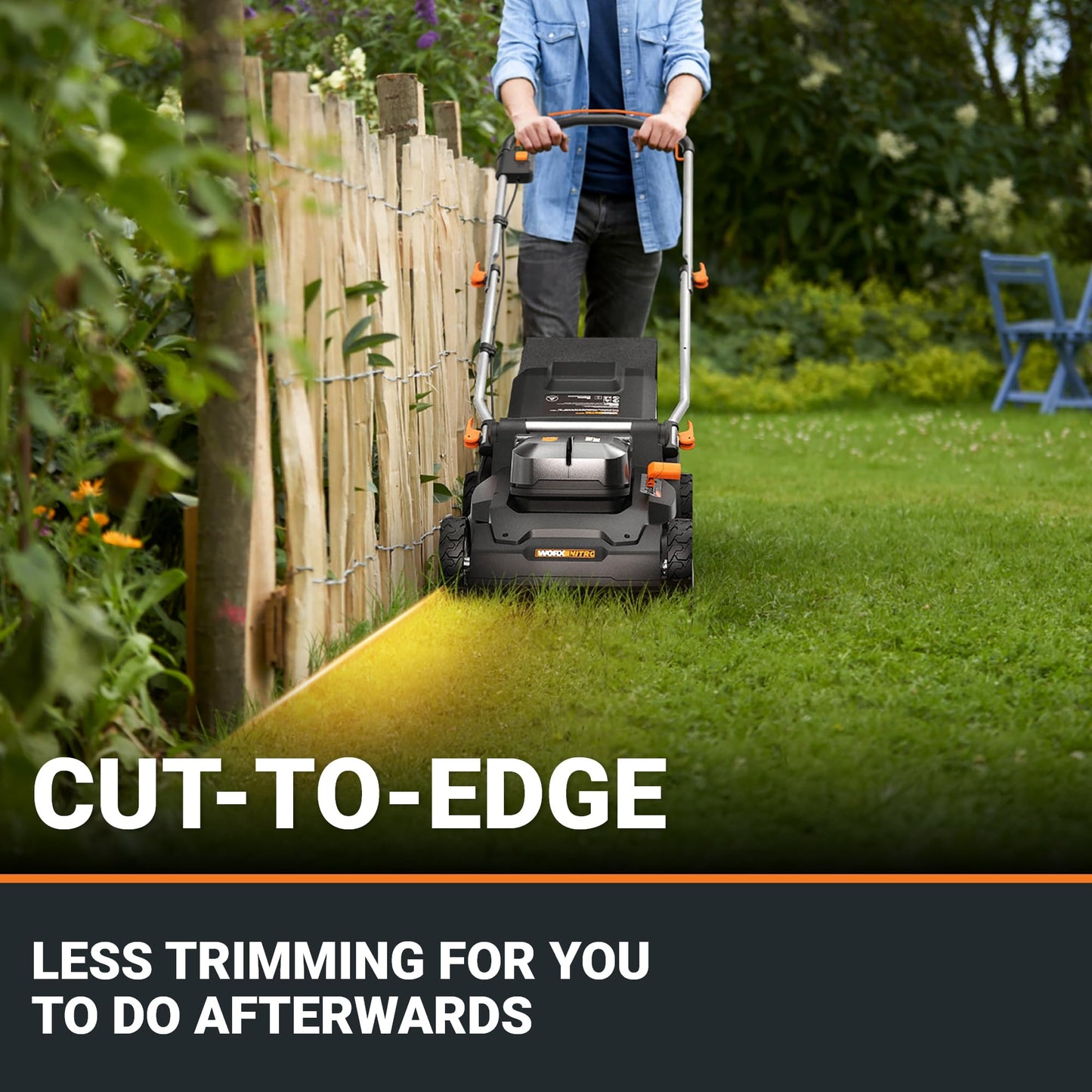 Worx WG779E.2 40V 34cm Cordless Lawnmower, ideal for Gardens up to 230㎡, Cut-to-Edge, striped Lawn Roller, foldable Handle, PowerShare, includes 2x 2.0Ah Batteries, Charger & 30L Grass collection bag