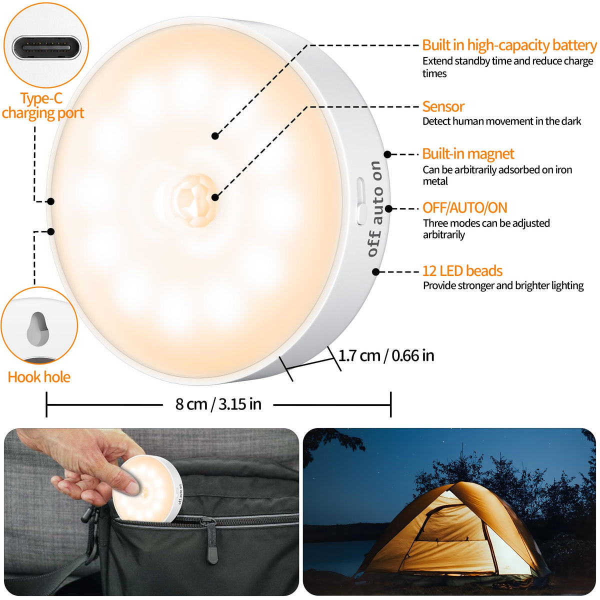 daphomeu Motion Sensor Lights Indoor,6 Pack Wireless USB Rechargeable Cupboard Lights,Stick on Wall Night Light,Battery Operated for Stair Wardrobe Corridors Closet Under Cabinet Kitchen Puck Lights