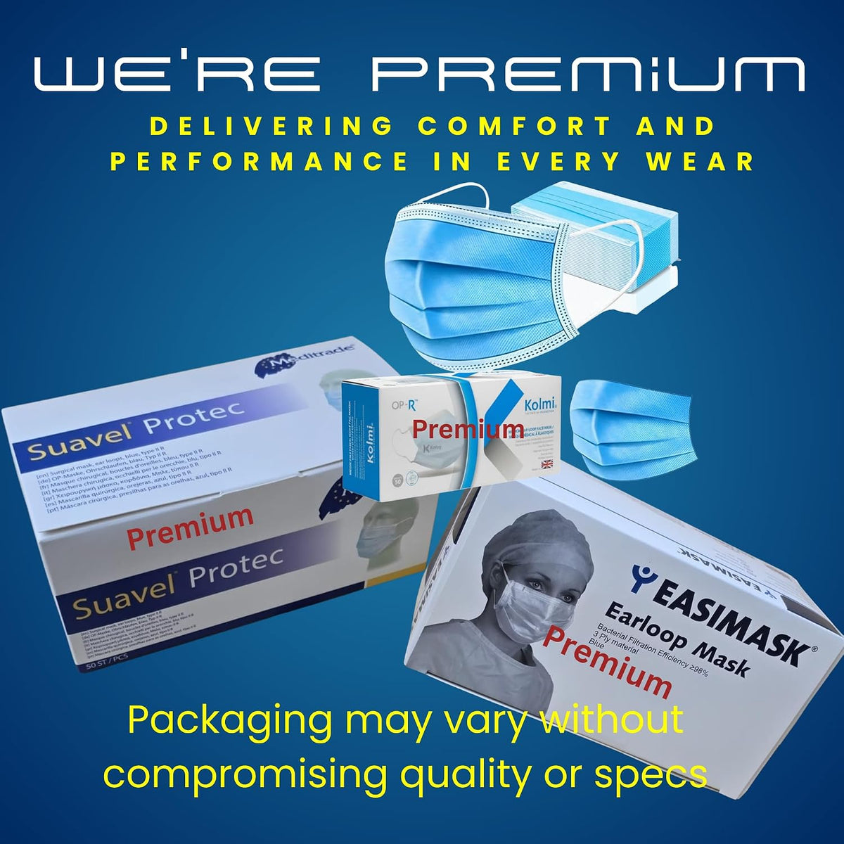 Premium Disposable Face Masks 100 Pack, Blue, 3-Ply Type IIR General Use Masks with Elastic Ear Loops, Breathable Triple Layer Protection for Men & Women