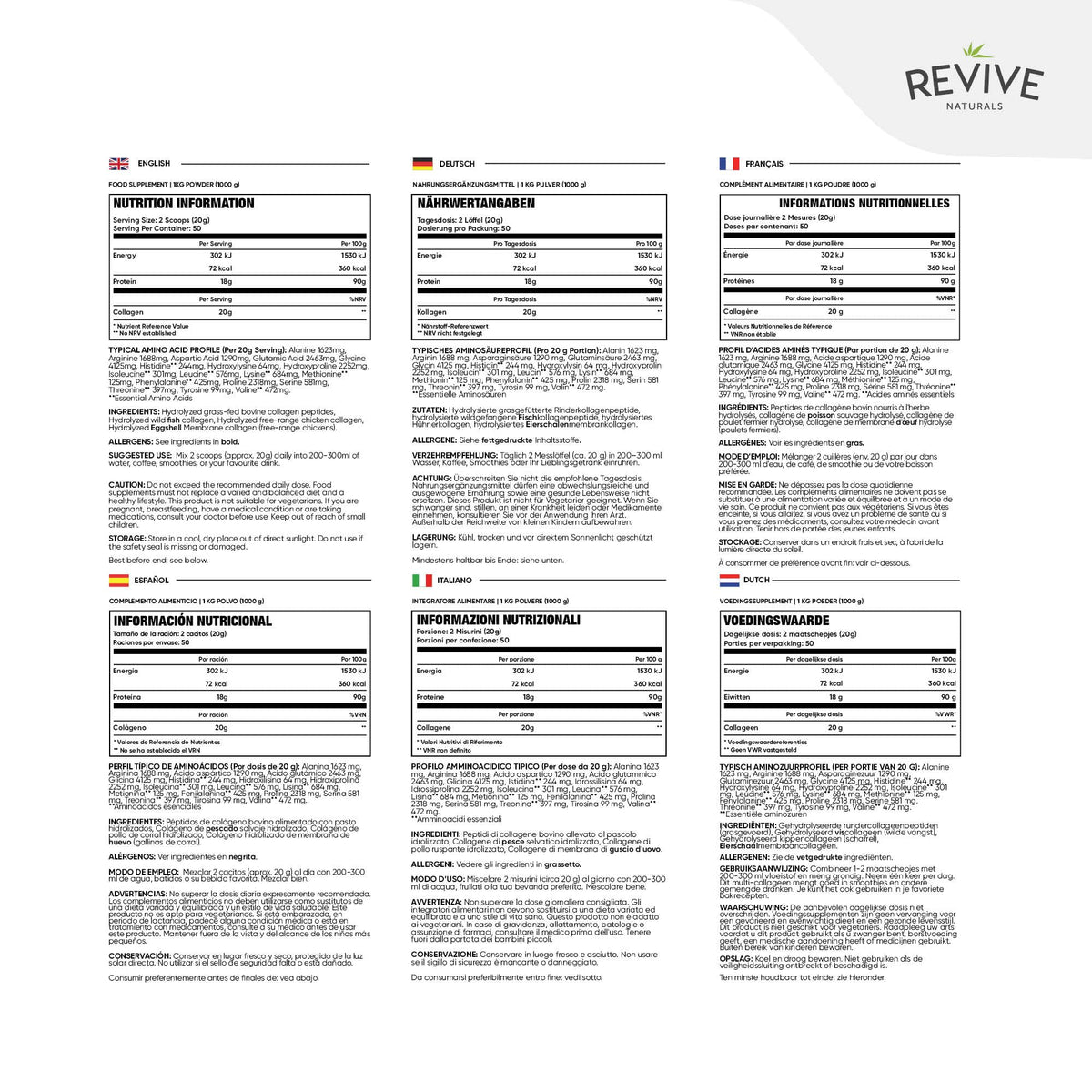 Multi Collagen Protein Powder 400g - Types I, II, III, V & X - Hydrolyzed Grass Fed Bovine, Wild Caught Fish, & Free-Range Chicken & Eggshell Collagen by Revive Naturals