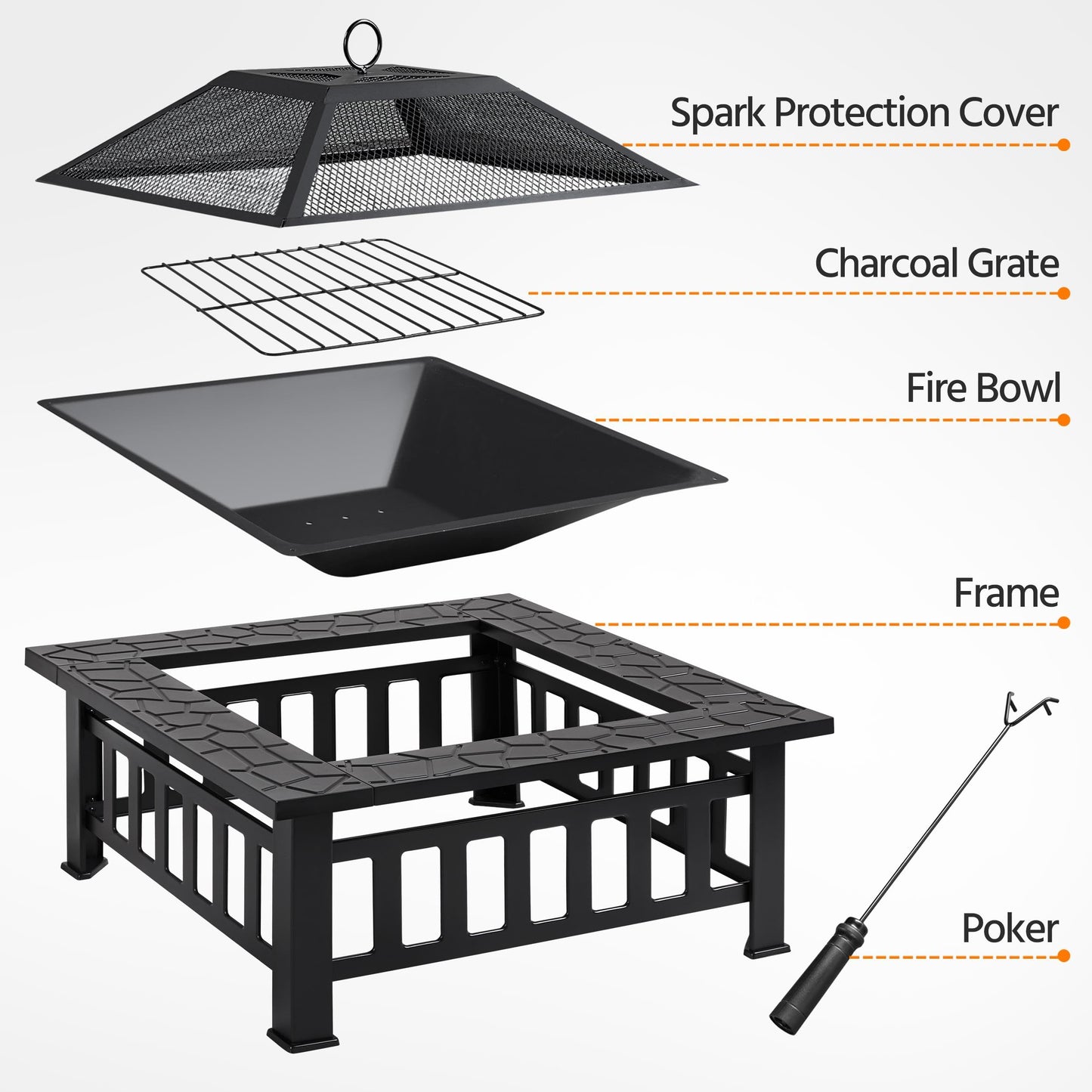 Yaheetech Outdoor Fire Pit 81cm Square Fire pits 3-in-1 Heat-resistant Metal Garden Stove for Barbecue, Heating, Cooling Drinks with Cover & Poker, Black