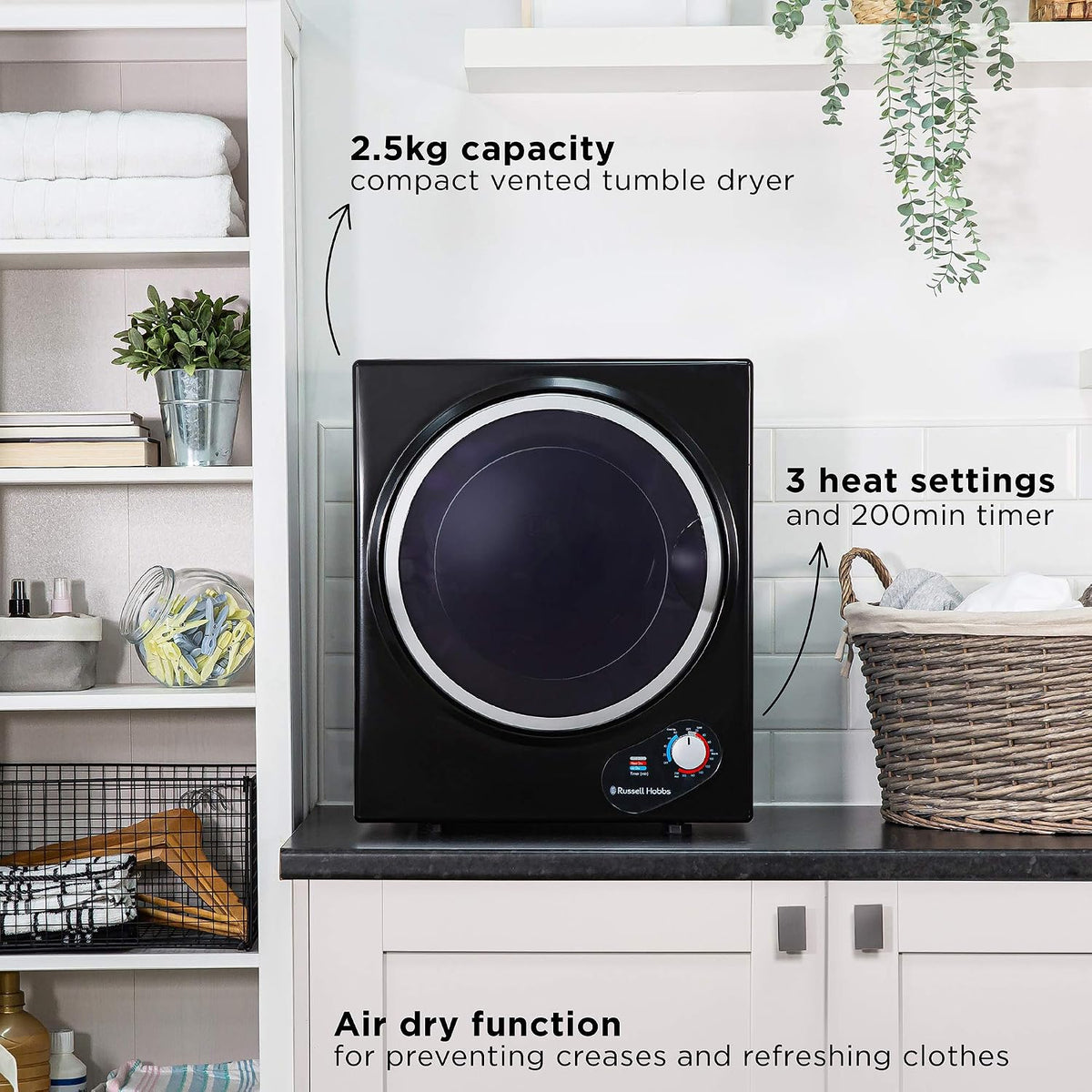 Russell Hobbs RH3VTD800 White 2.5kg Compact Mini Vented Tumble Dryer, Portable, Freestanding Table top Dryer with 3 Heat Settings small