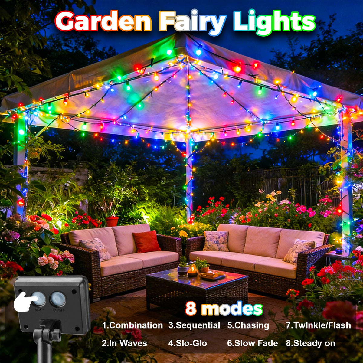 Outdoor Solar Lights Garden, 12M/40FT 120 LED Solar String Lights Waterproof, 8 Modes Solar Powered Fairy Lights for Tree Patio Yard Party Garden Terrace Decorations Warm White