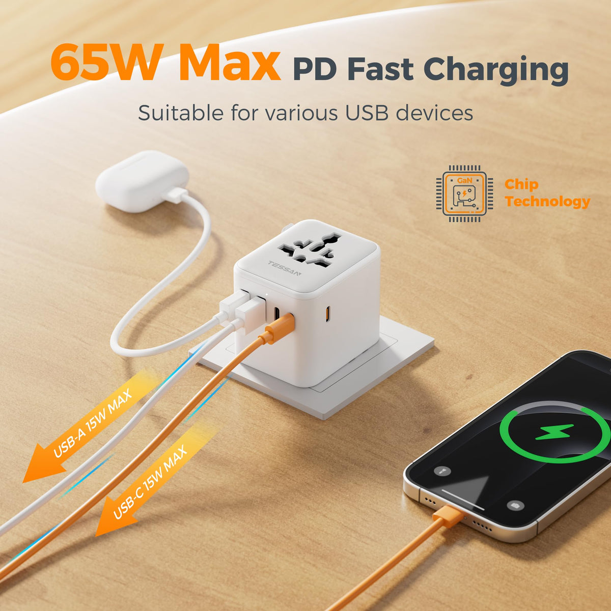 TESSAN Universal Travel Adapter, 28W Worldwide Plug with 2 USBA and 3 USBC