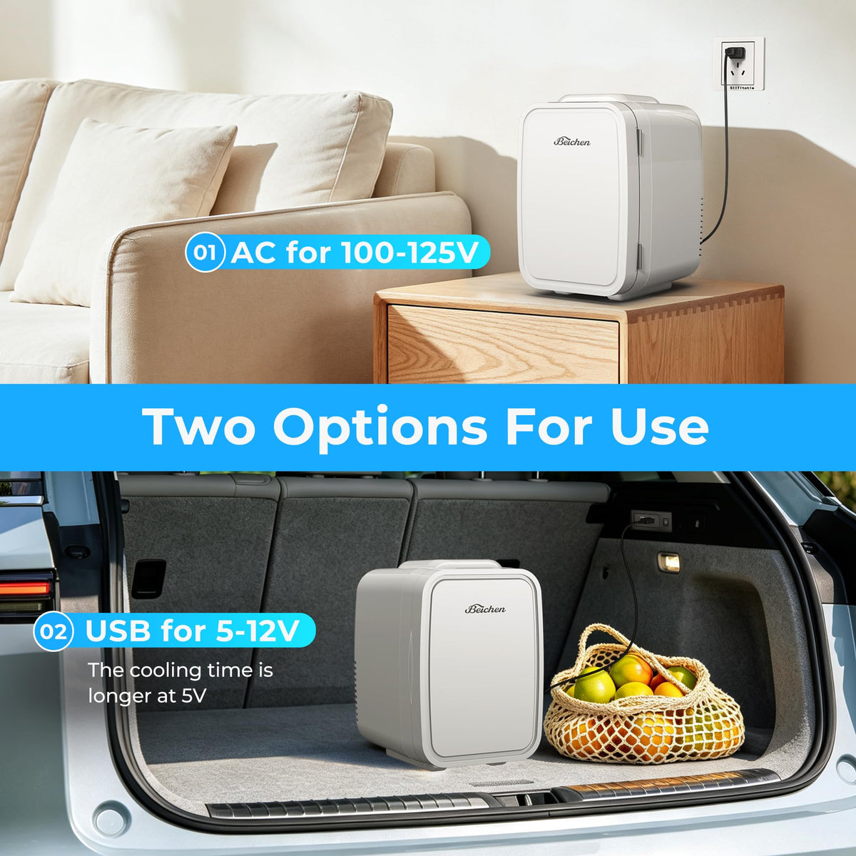 BEICHEN Mini Fridge 4 Litre/6 Cans |AC/USB| for Home Car,Ultra-Quiet <25dB