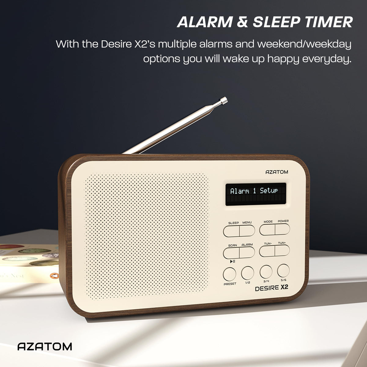 DAB/DAB+ & FM Portable Digital Radio | Simple Controls | Dual Alarms & Sleep Timer | Battery & Mains Powered (4x”AA”) | Bluetooth | Perfect for Home, Office or Outdoors | AZATOM Desire X2 (Black)