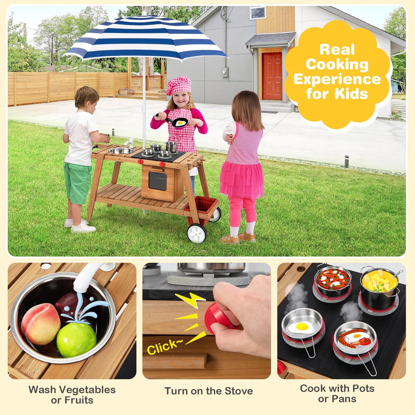 COSTWAY Wooden Mud Kitchen, Outdoor Kitchen Playset with Umbrella, Sink, Storage Cabinet and Accessories, Wheeled Role Pretend Cooking Cart for Kids Toddlers (Natural+White)