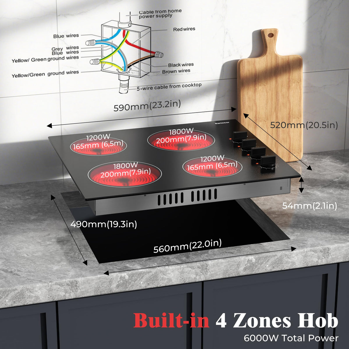 Karinear Electric Ceramic Hob 60cm 4 Zones with Built-in Extractor Hood