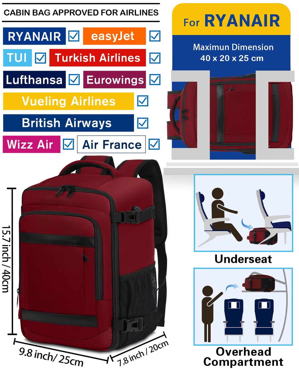 KLOSTAIN Cabin Bags 40x20x25 for Ryanair Underseat Travel Backpack Hand Luggage Carry-ons Bag Cabin Size 20L for Airplanes Flight Ruscksack Black