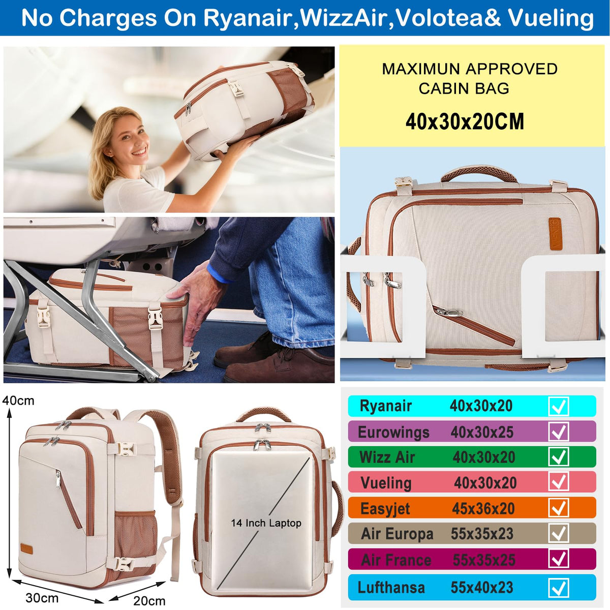 Ryanair Cabin Bags 40x30x20 Underseat 24L Small Travel Backpack Cabin Size