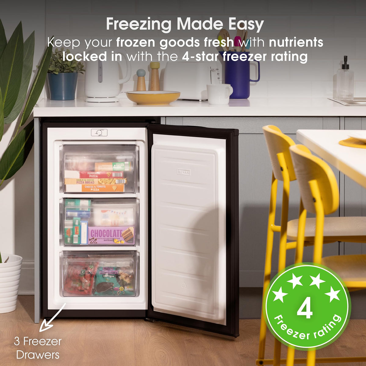 Abode Under Counter Freezer 55cm Wide Freestanding White 91 Litre with 4 Drawers, Adjustable Feet & Reversible Door, 4 Star Freezer, Suitable for Garages & Outbuildings A85UCFZ552E1W (White, 55 cm)