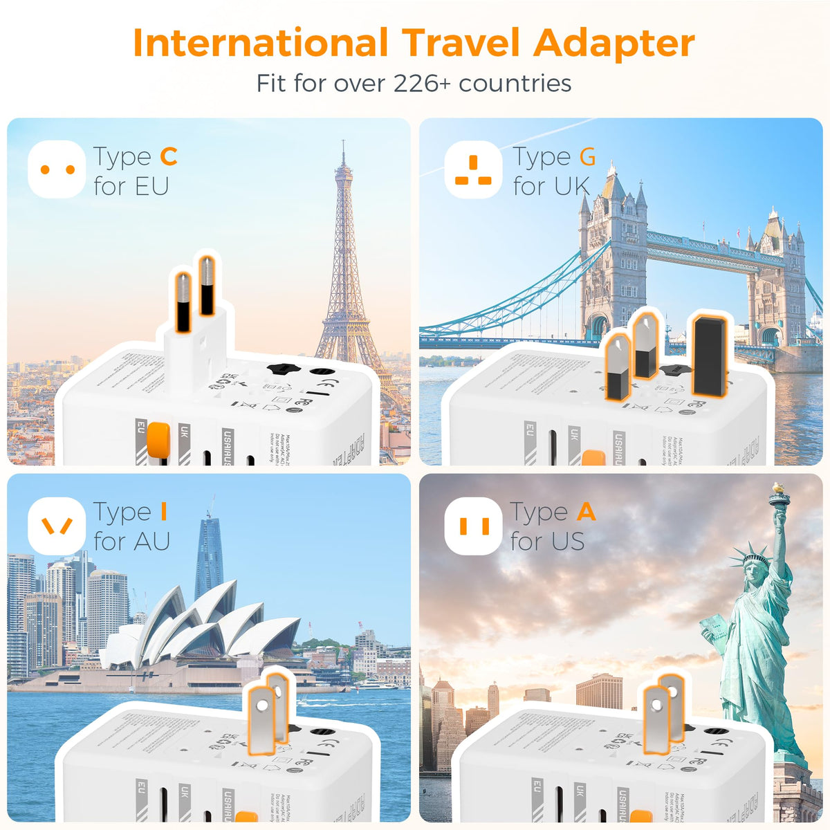 TESSAN Universal Travel Adapter Worldwide with 2 USB C for EU USA AU