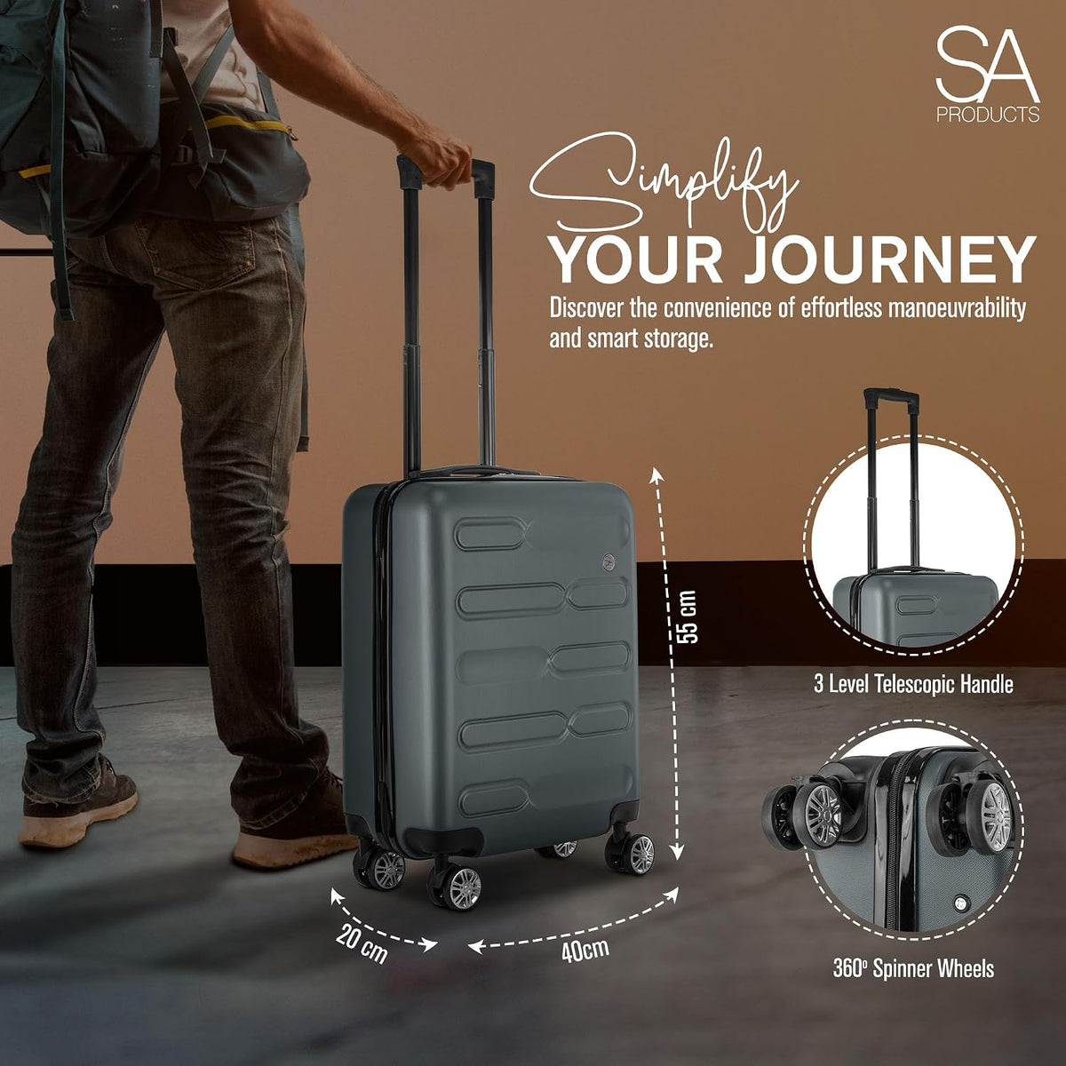 SA Products Cabin Suitcase - 34L Carry On Hard Shell Bag - 55x40x20 - Grey