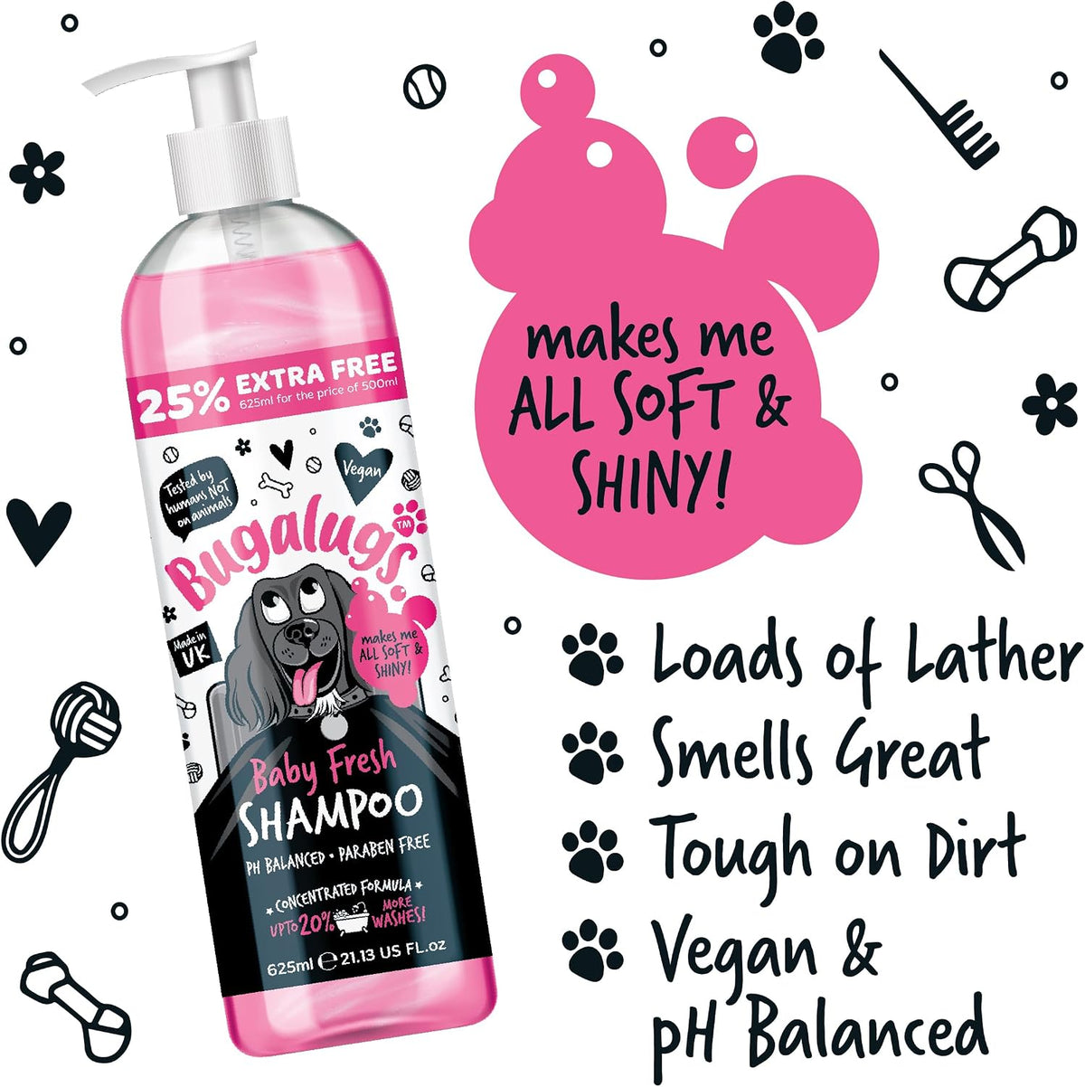 BUGALUGS Baby Fresh Dog Shampoo grooming products for smelly dogs with baby powder scent, best puppy shampoo, Vegan pet shampoo professional (625ml)